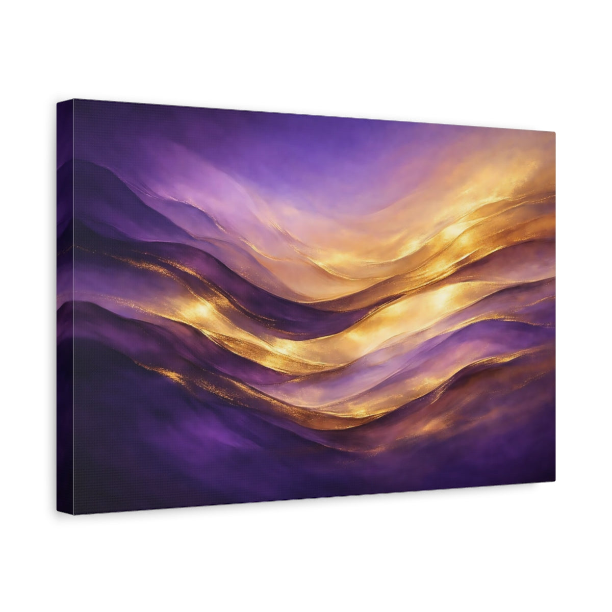Side Mockup 4. Abstract Abstract Waves Purple And Gold shown as stretched canvas wall art