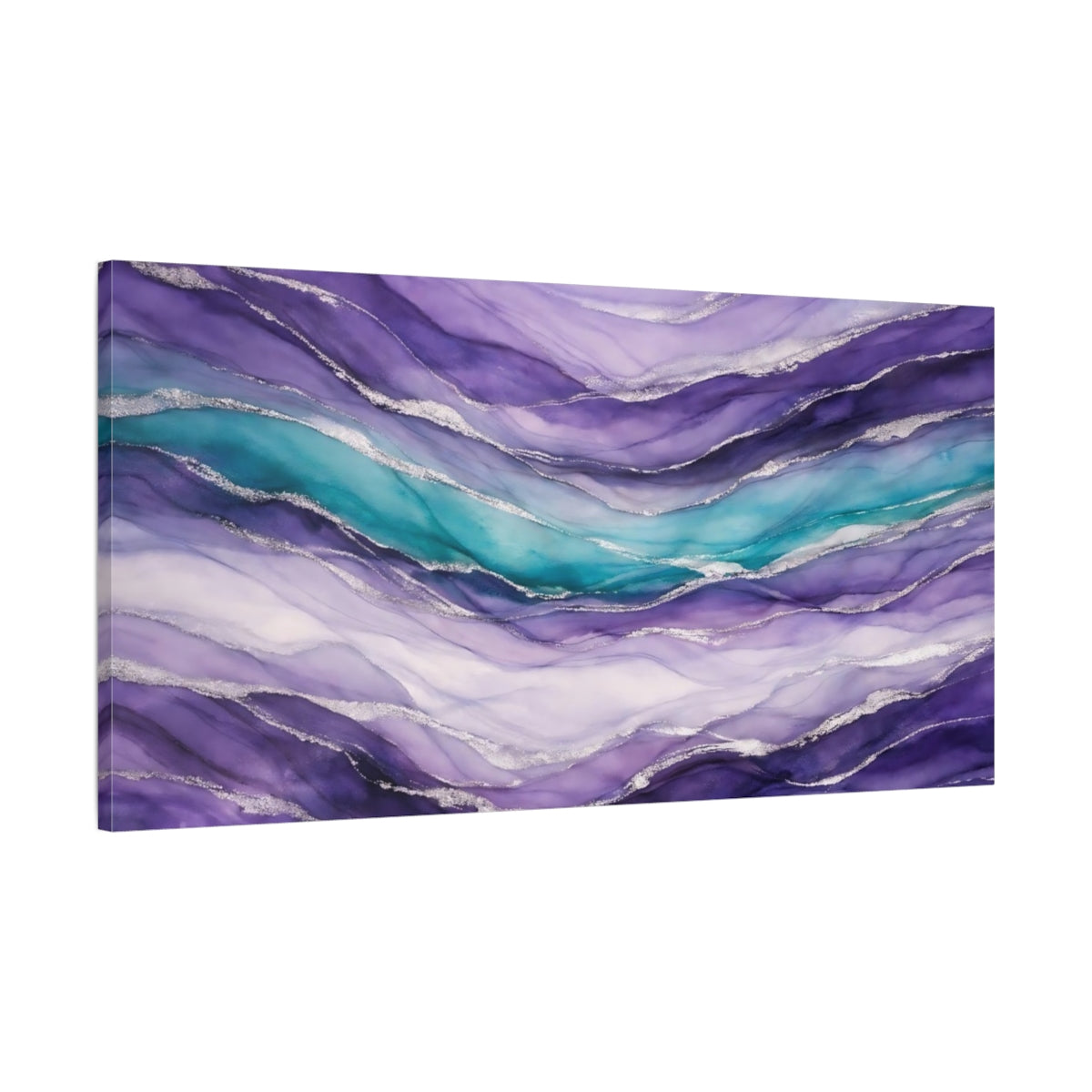 Side Mockup 1. Abstract Abstract Waves Purple Teal Silver shown as stretched canvas wall art