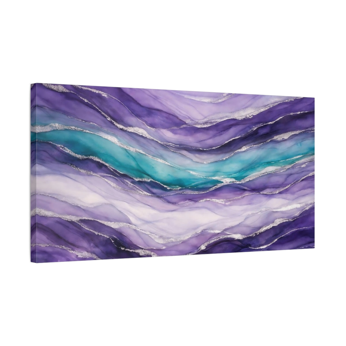 Side Mockup 2. Abstract Abstract Waves Purple Teal Silver shown as stretched canvas wall art