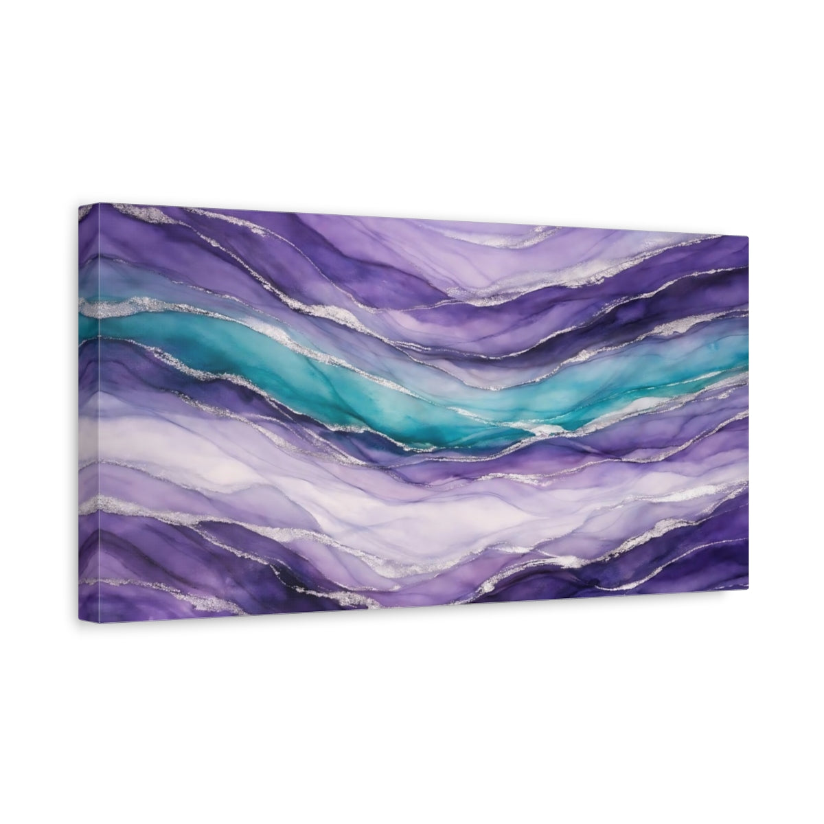 Side Mockup 3. Abstract Abstract Waves Purple Teal Silver shown as stretched canvas wall art