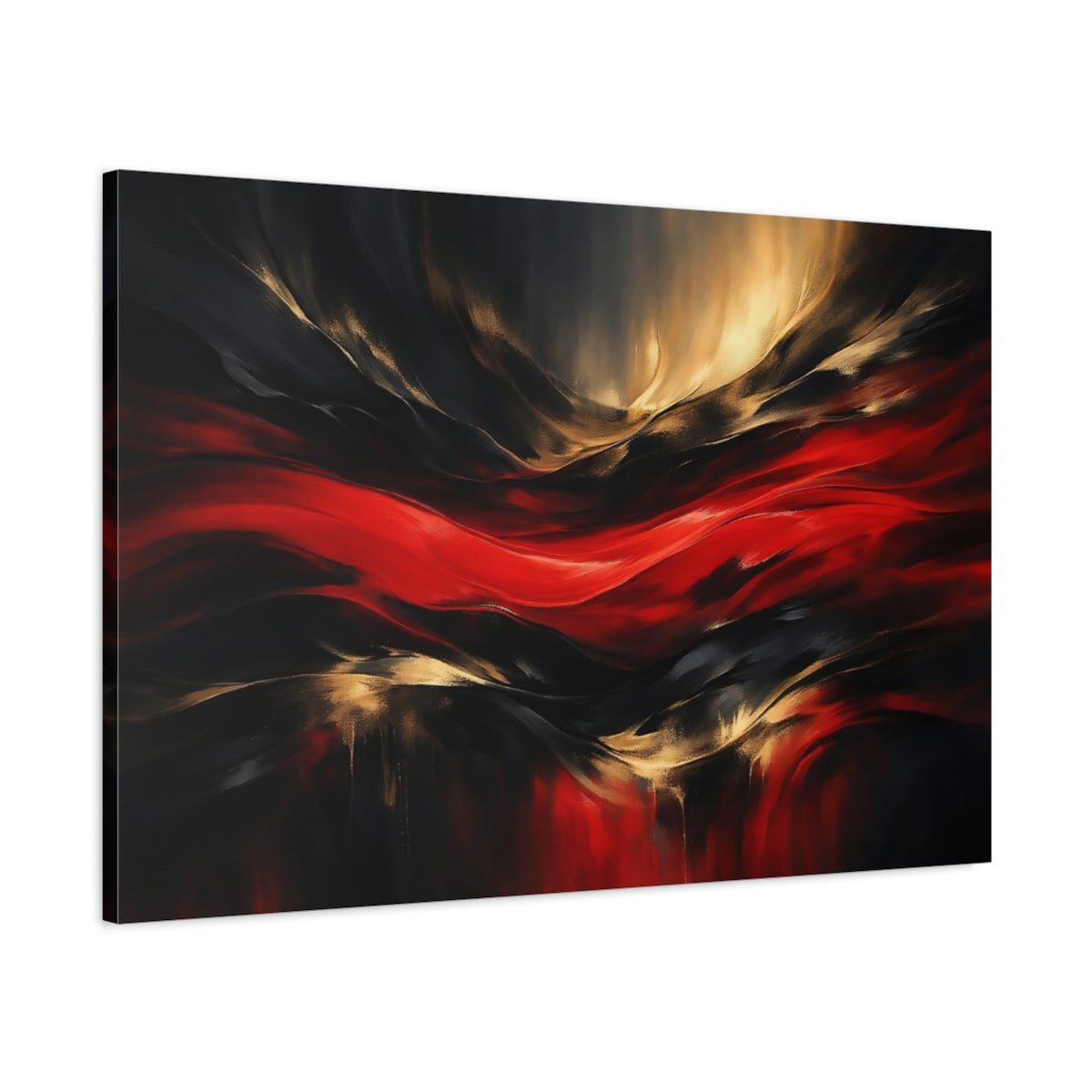 Side Mockup 1. Abstract Abstract Waves Red Black Gold Abstract shown as stretched canvas wall art