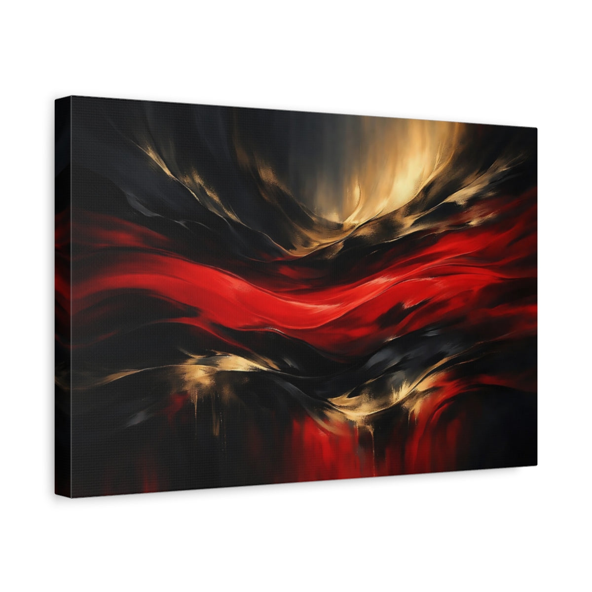 Side Mockup 4. Abstract Abstract Waves Red Black Gold Abstract shown as stretched canvas wall art