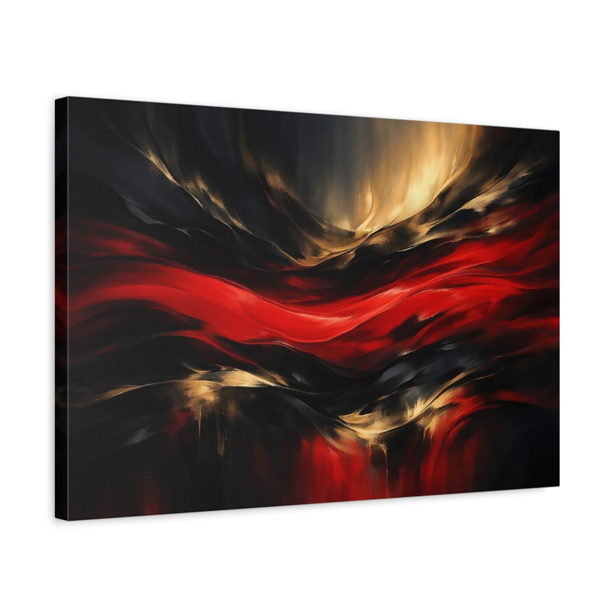 Side Mockup 3. Abstract Abstract Waves Red Black Gold Abstract shown as stretched canvas wall art