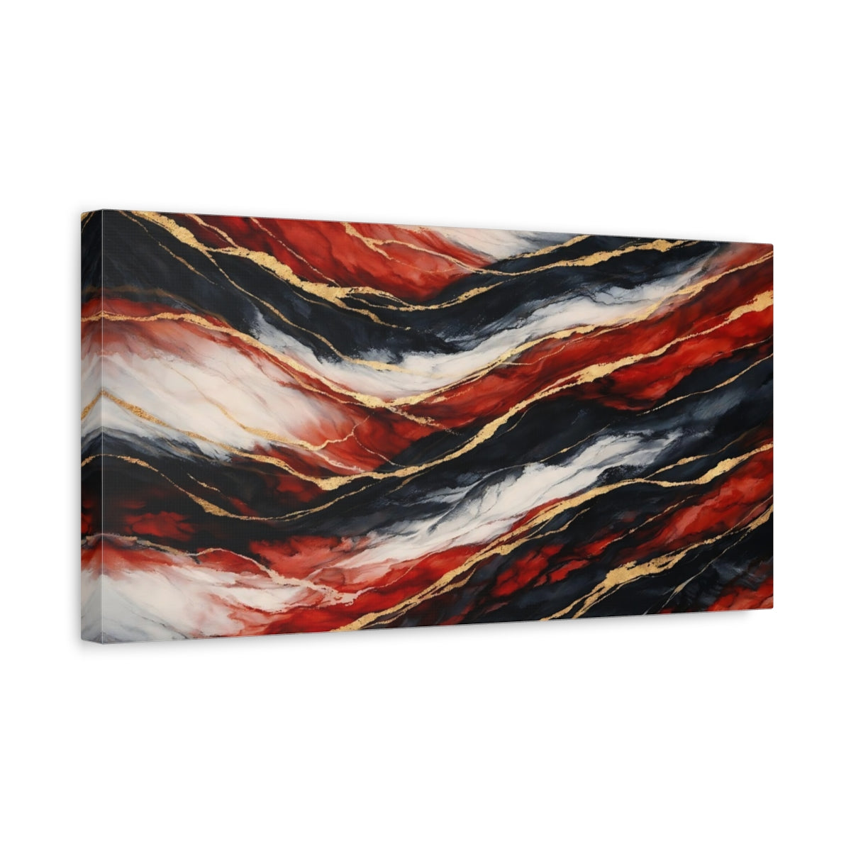 Side Mockup 3. Abstract Abstract Waves Red Black Gold shown as stretched canvas wall art