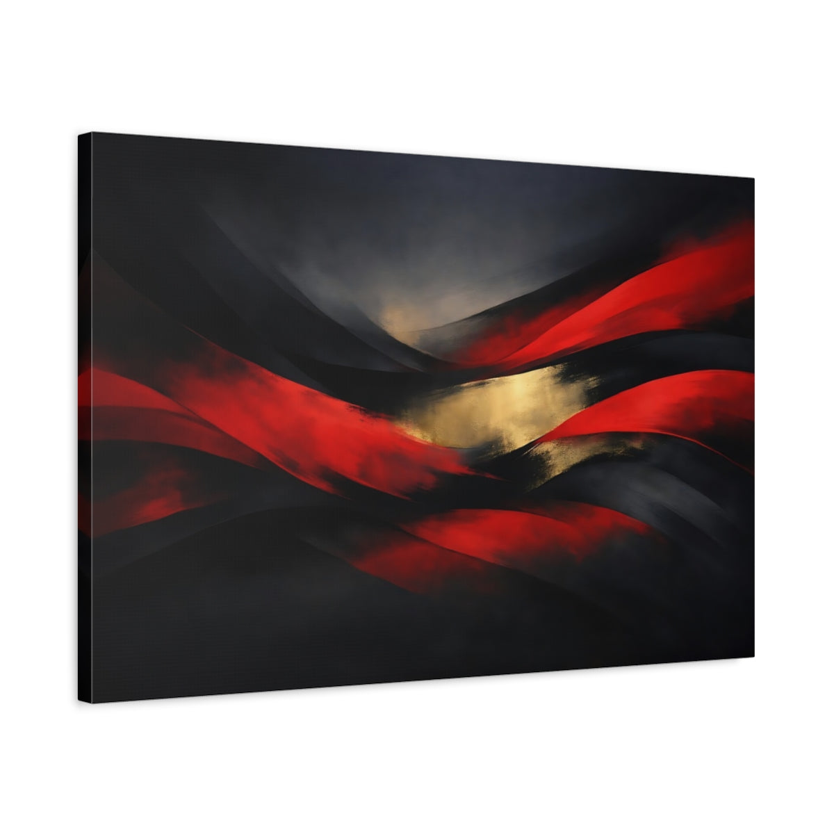 Side Mockup 2. Abstract Abstract Waves Red Gold Black shown as stretched canvas wall art