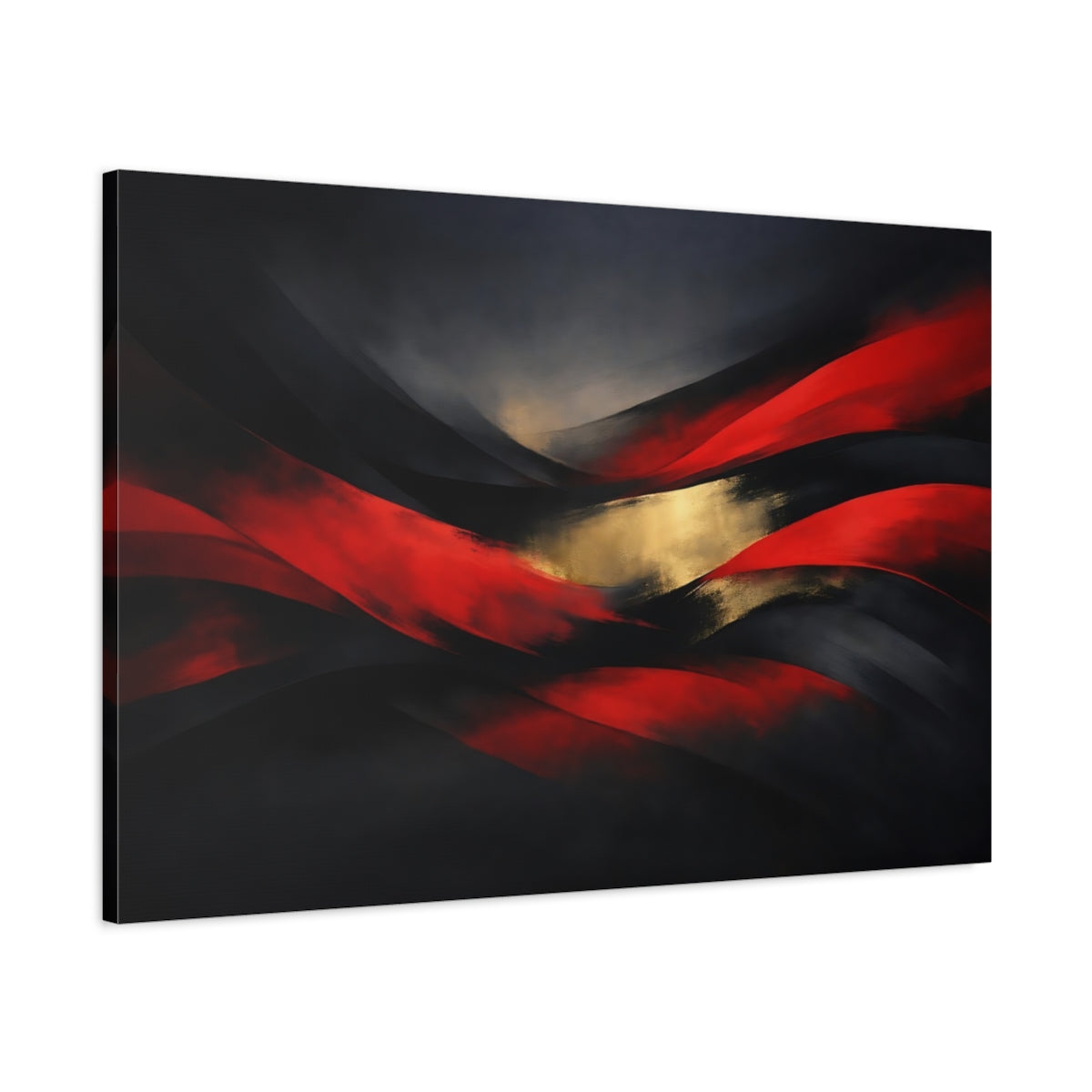 Side Mockup 1. Abstract Abstract Waves Red Gold Black shown as stretched canvas wall art