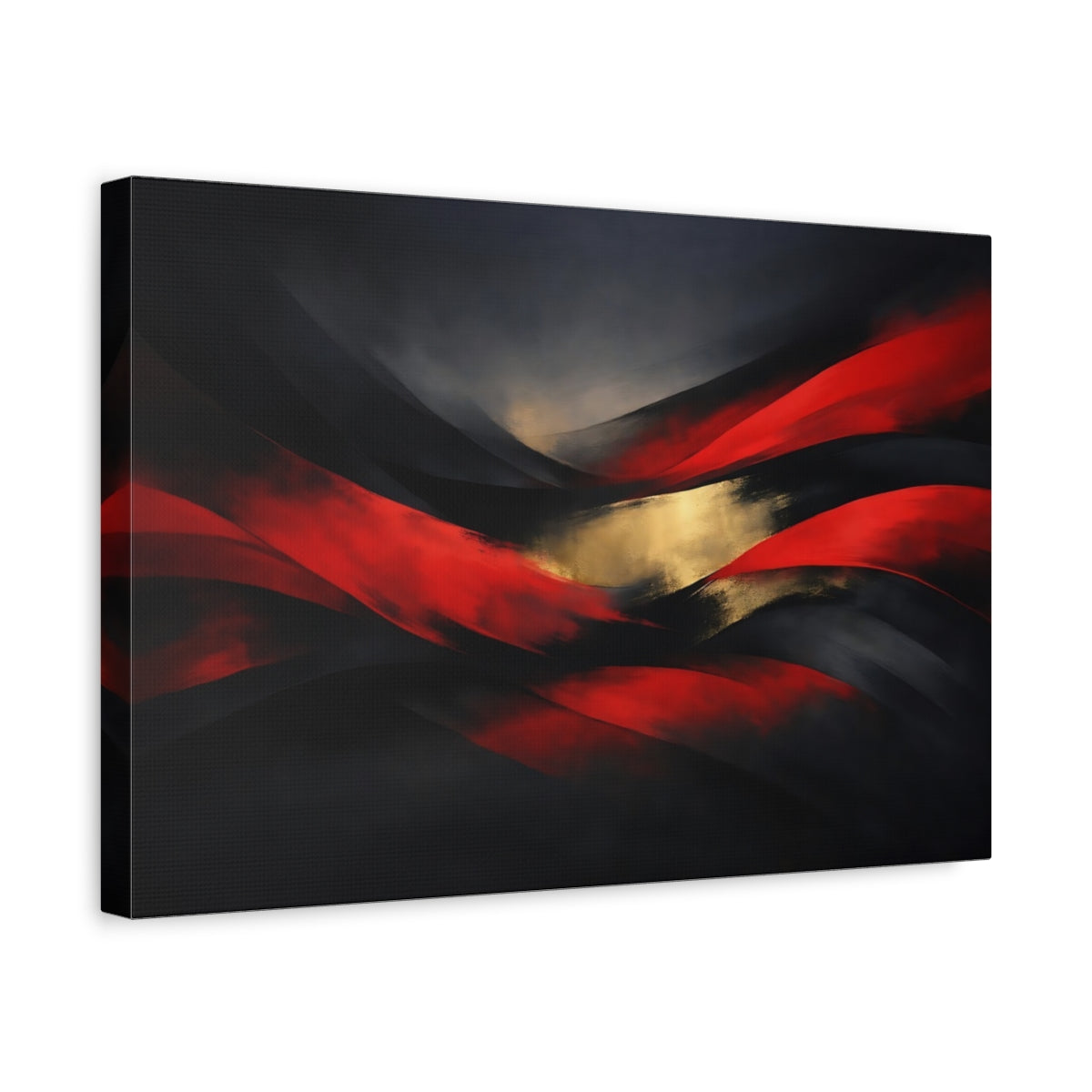 Side Mockup 4. Abstract Abstract Waves Red Gold Black shown as stretched canvas wall art