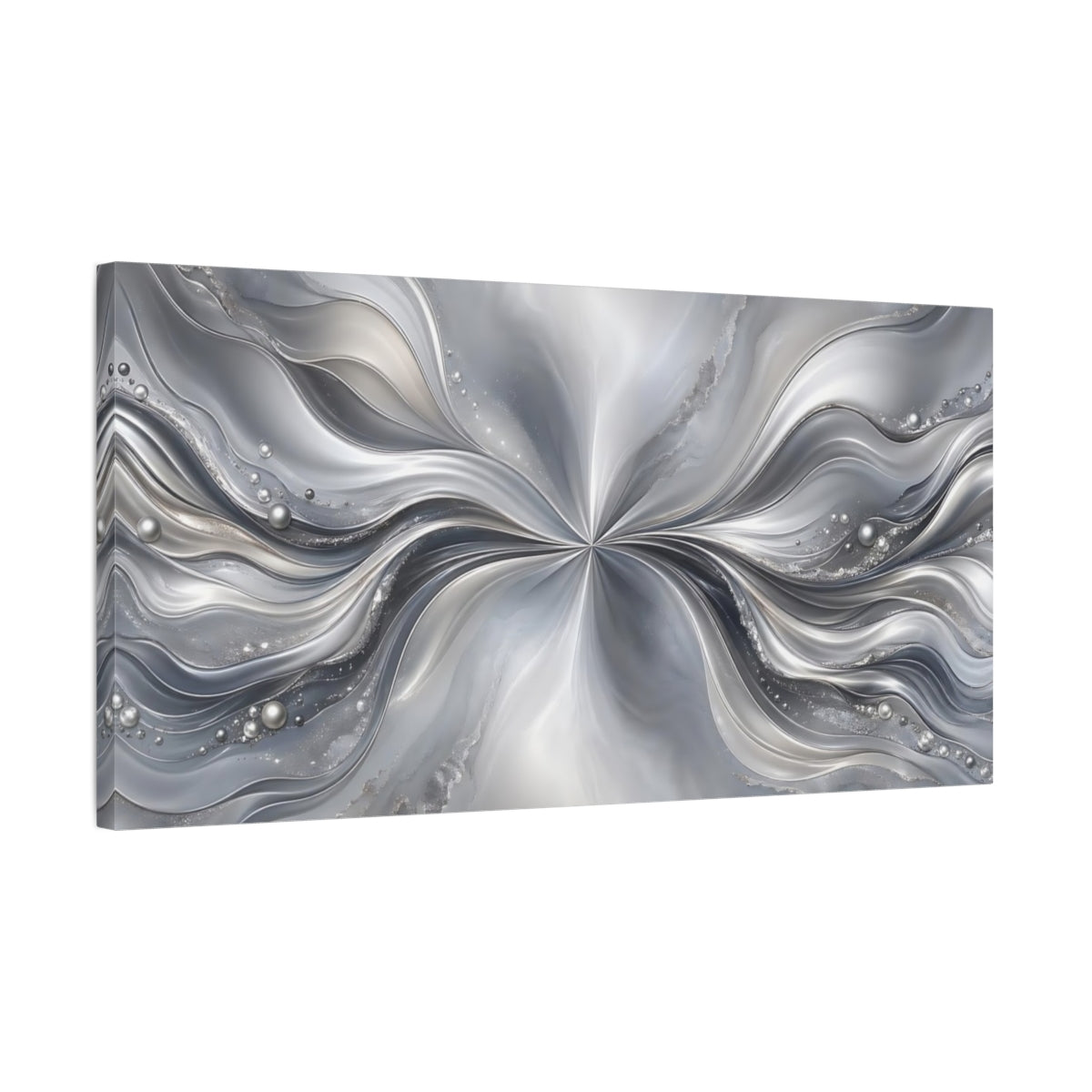 Side Mockup 1. Abstract Abstract Waves Silver And Grey shown as stretched canvas wall art