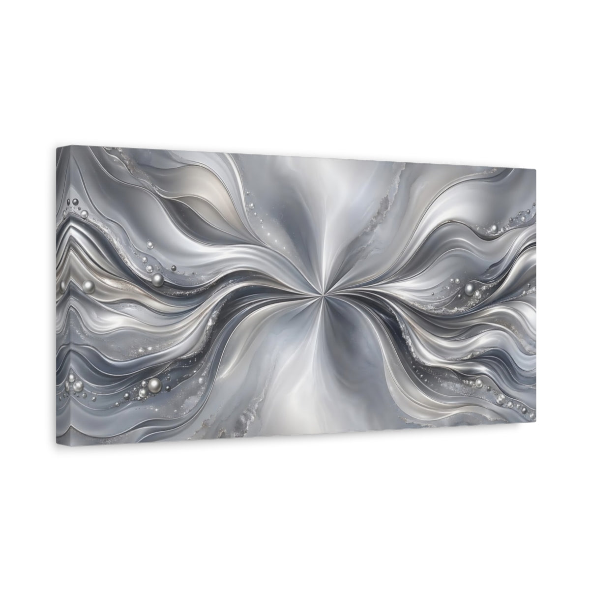 Side Mockup 3. Abstract Abstract Waves Silver And Grey shown as stretched canvas wall art