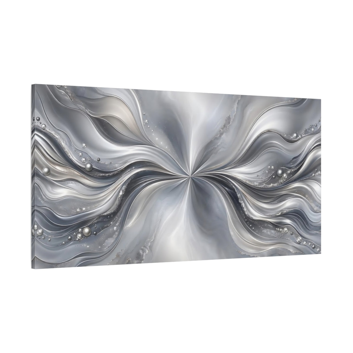 Side Mockup 2. Abstract Abstract Waves Silver And Grey shown as stretched canvas wall art