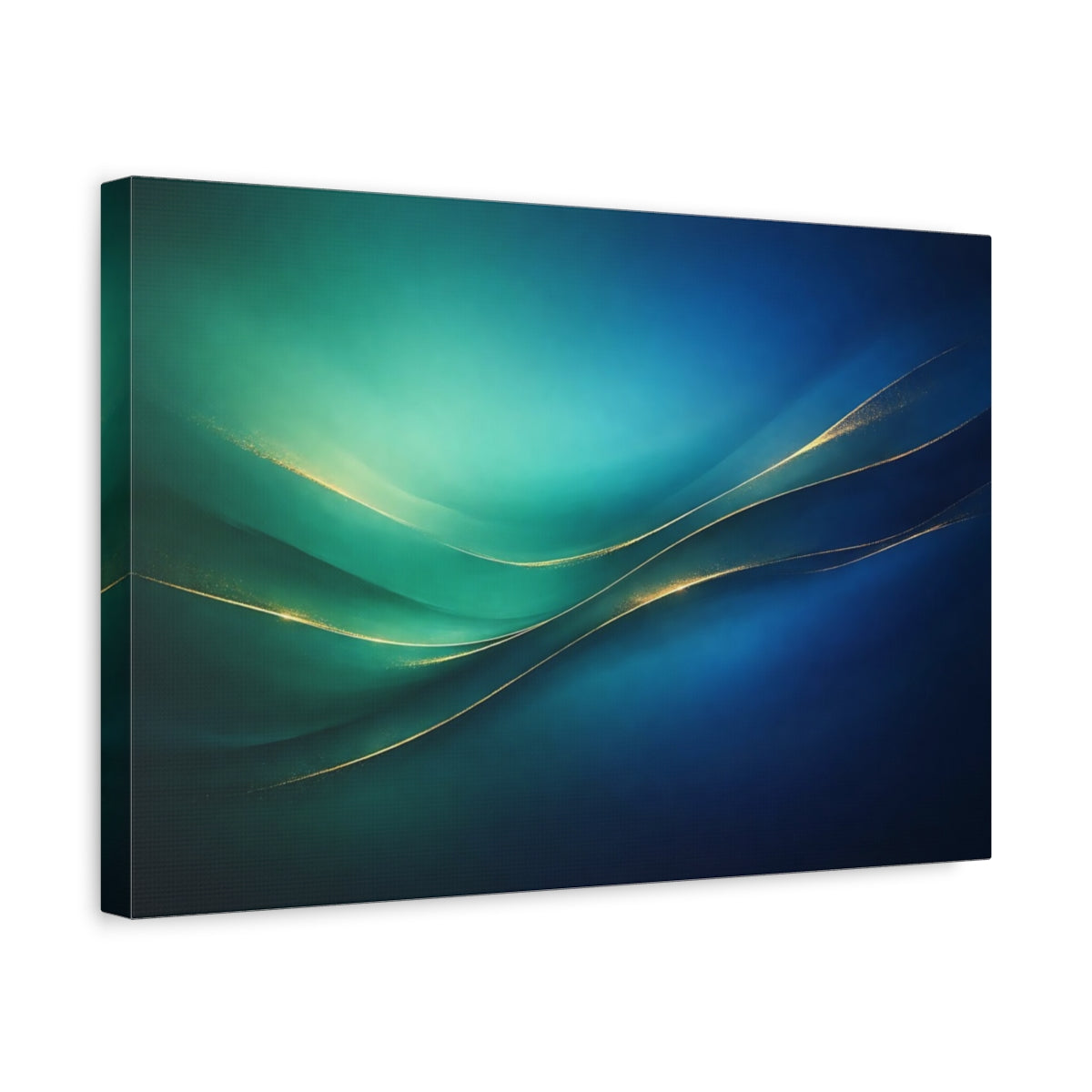 Side Mockup 4. Abstract Abstract Waves Teal Blue Gold Abstract shown as stretched canvas wall art