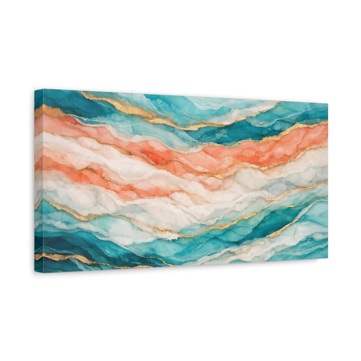 Side Mockup 3. Abstract Abstract Waves Teal Coral Gold shown as stretched canvas wall art