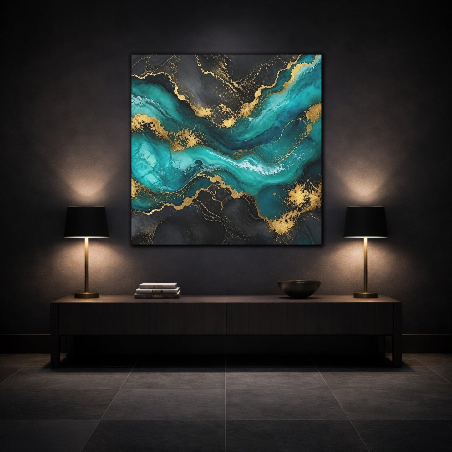 Abstract Waves Teal Gold Canvas Print – Modern Living Room, Above Sofa - YesArtYes