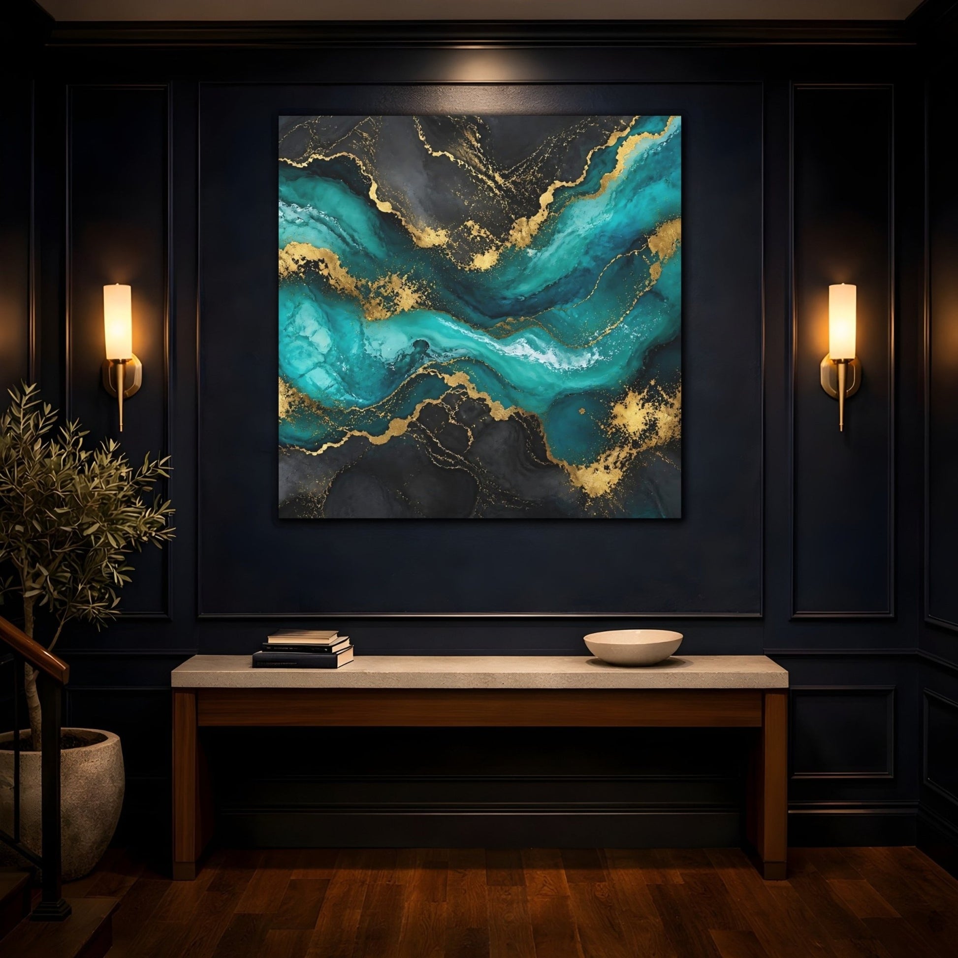 Abstract Waves Teal Gold Canvas Print – Modern Living Room, Above Sofa - YesArtYes