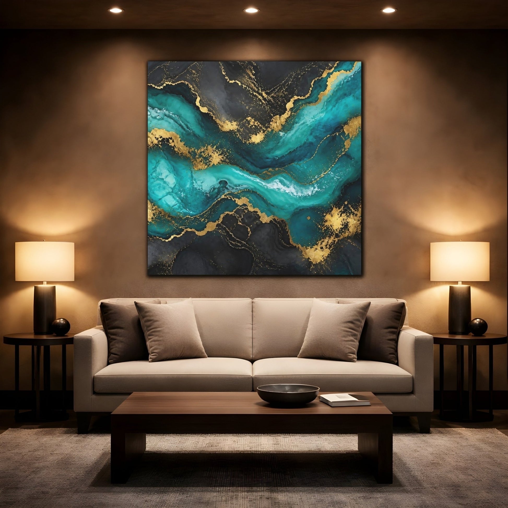 Abstract Waves Teal Gold Canvas Print – Modern Living Room, Above Sofa - YesArtYes
