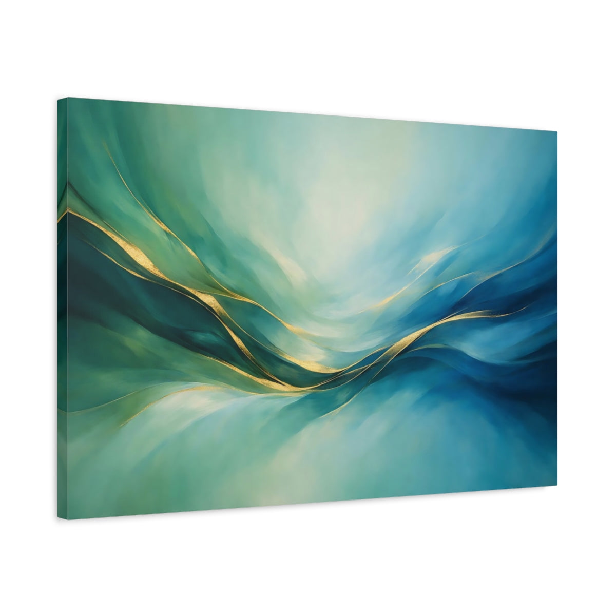 Side Mockup 2. Abstract Abstract Waves Teal Gold Abstract shown as stretched canvas wall art