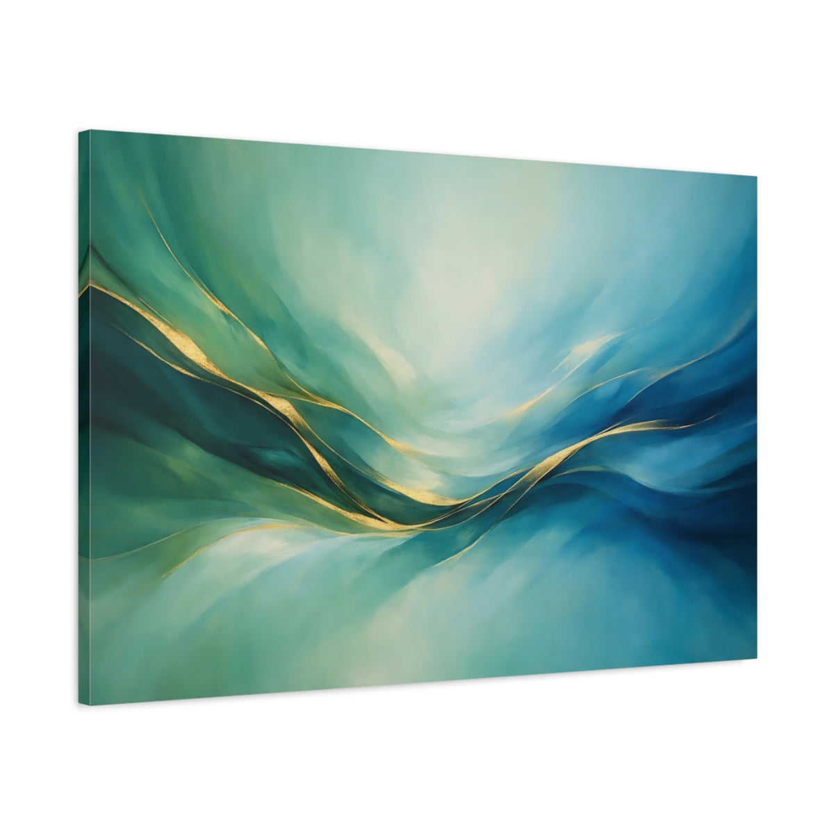 Side Mockup 1. Abstract Abstract Waves Teal Gold Abstract shown as stretched canvas wall art