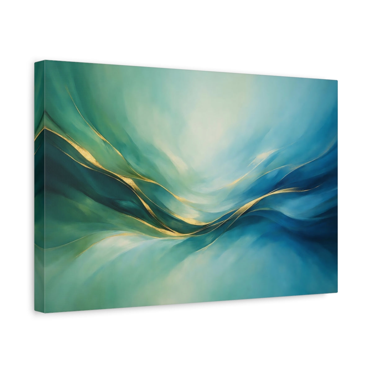 Side Mockup 4. Abstract Abstract Waves Teal Gold Abstract shown as stretched canvas wall art