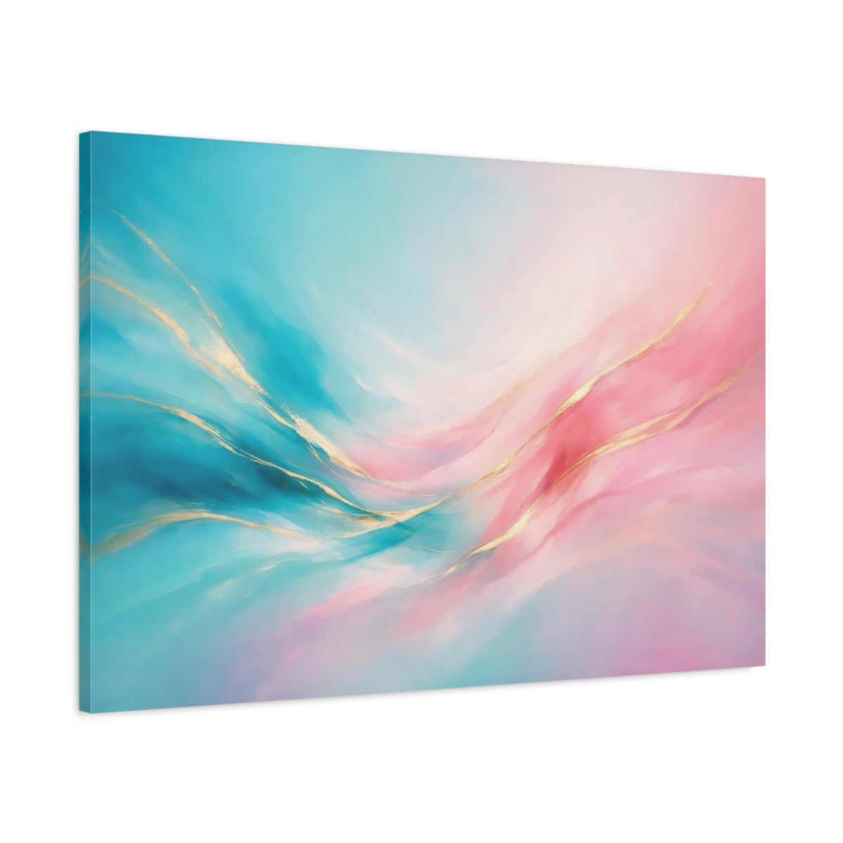 Side Mockup 1. Abstract Abstract Waves Teal Pink Gold shown as stretched canvas wall art