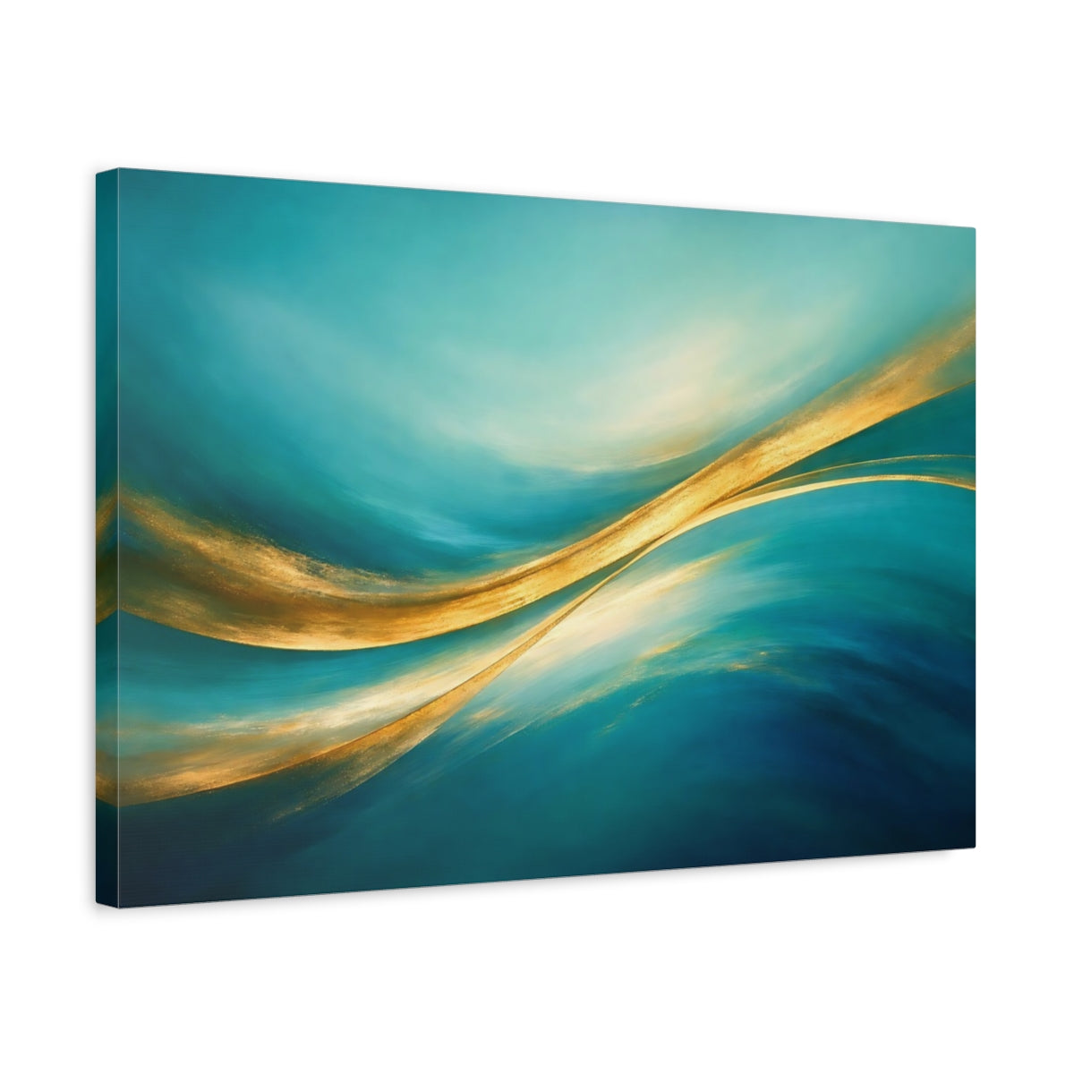 Side Mockup 3. Abstract Abstract Waves Turquoise And Gold shown as stretched canvas wall art