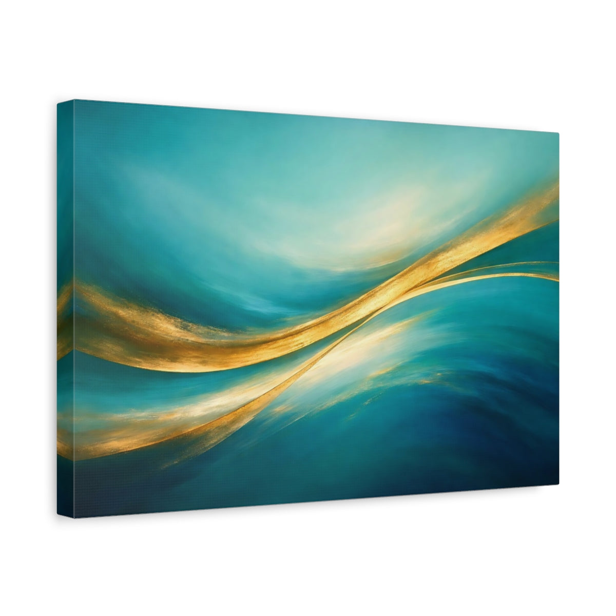 Side Mockup 4. Abstract Abstract Waves Turquoise And Gold shown as stretched canvas wall art