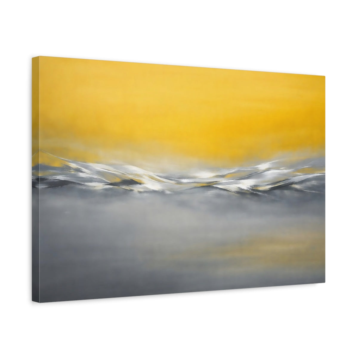 Side Mockup 3. Abstract Abstract Waves Yellow And Grey shown as stretched canvas wall art