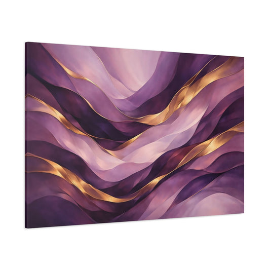 Main Mockup. Abstract Wavy Abstraction Purple And Gold shown as stretched canvas wall art