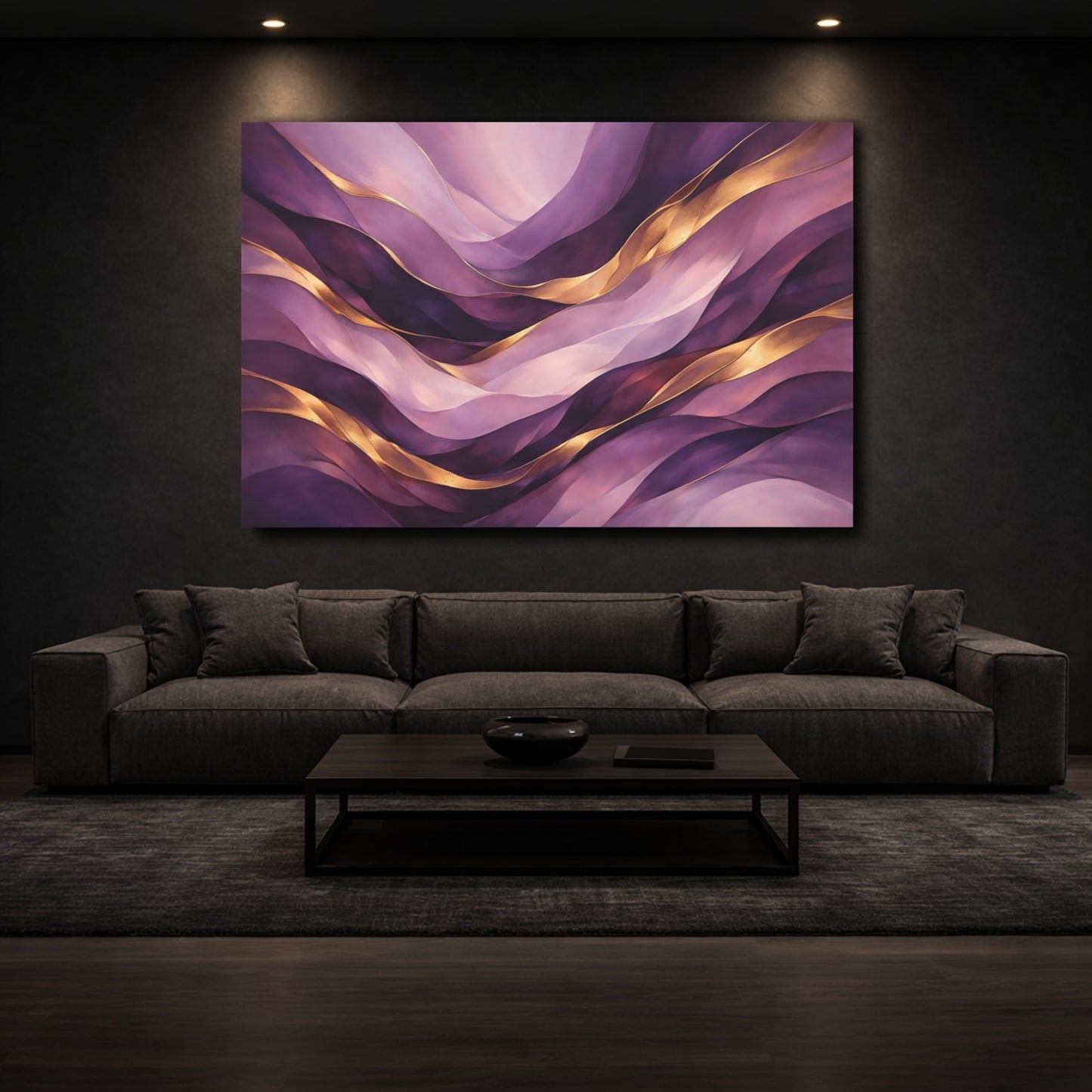 Mockup 2. Abstract Wavy Abstraction Purple And Gold shown as stretched canvas wall art