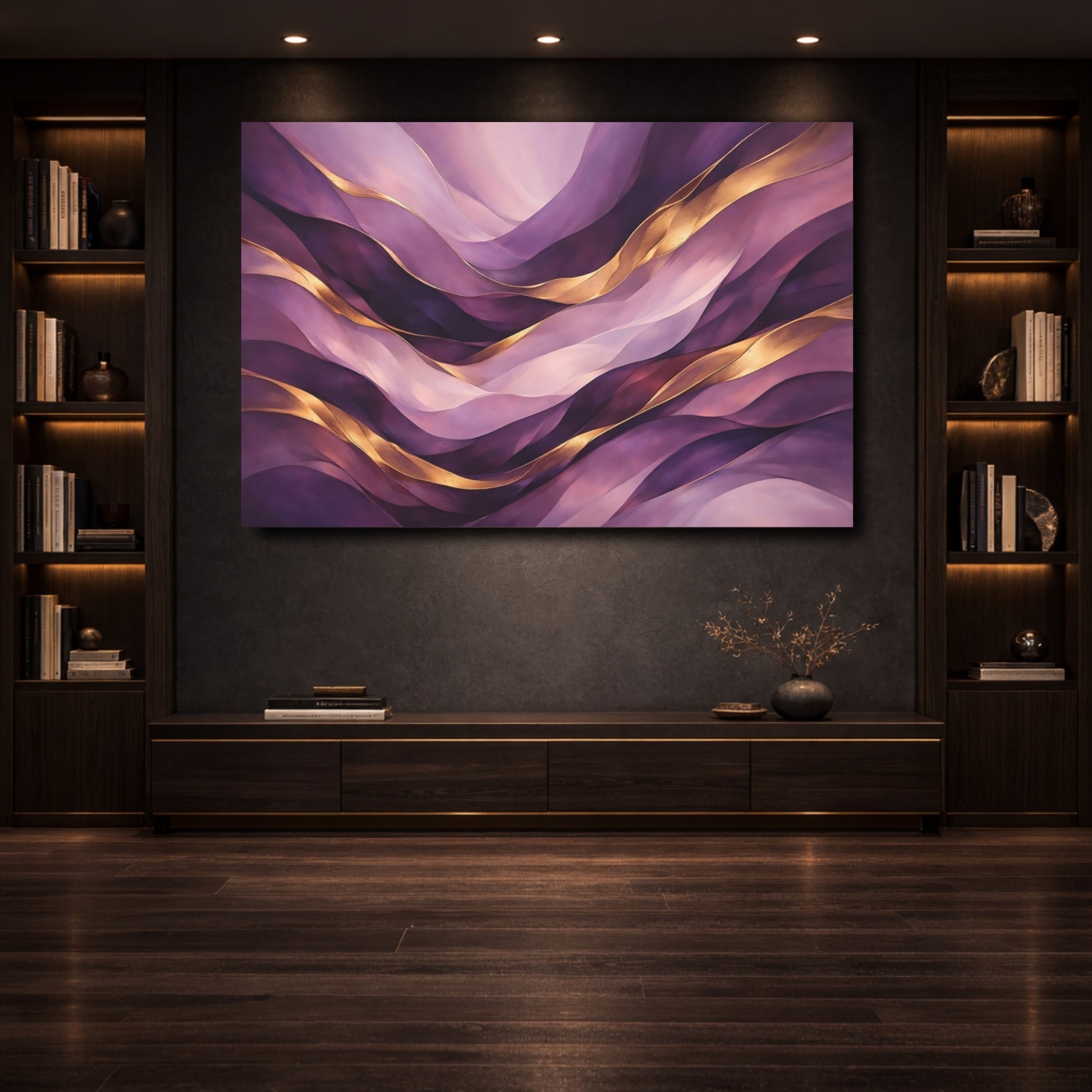Mockup 3. Abstract Wavy Abstraction Purple And Gold shown as stretched canvas wall art
