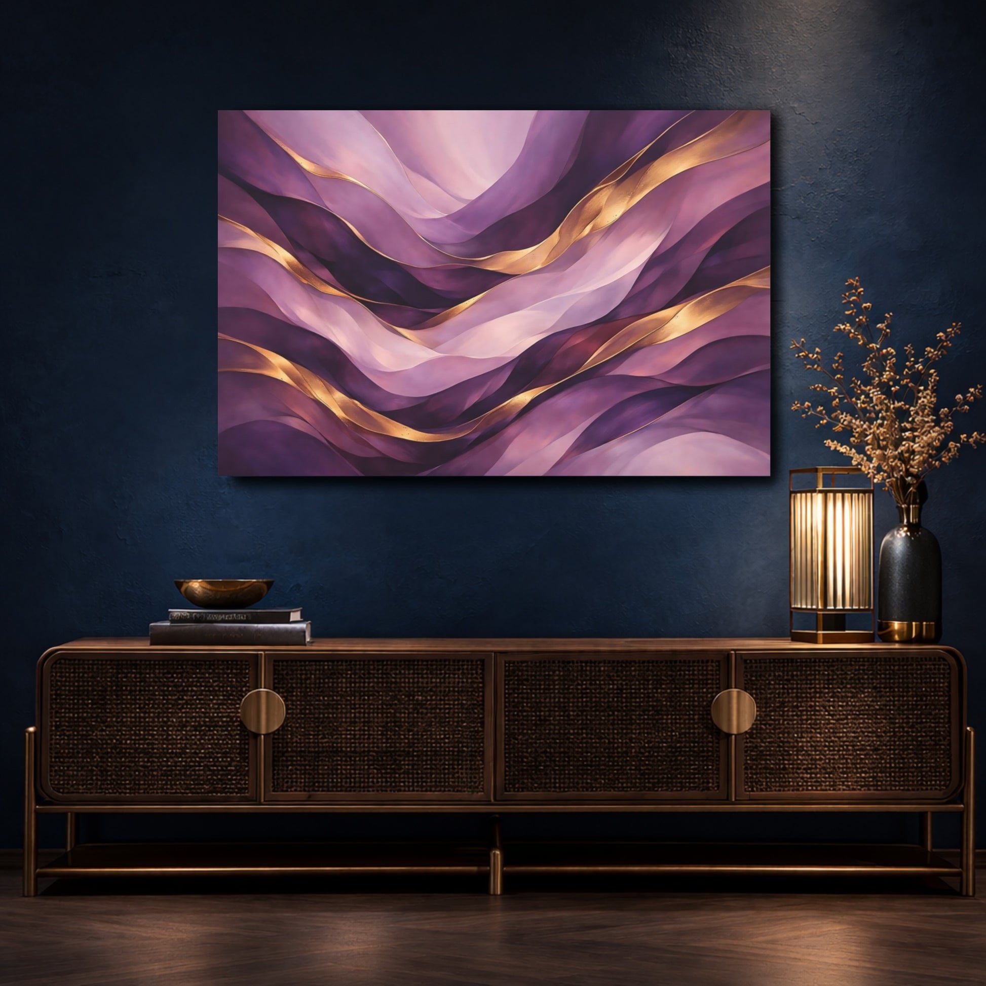 Mockup 4. Abstract Wavy Abstraction Purple And Gold shown as stretched canvas wall art