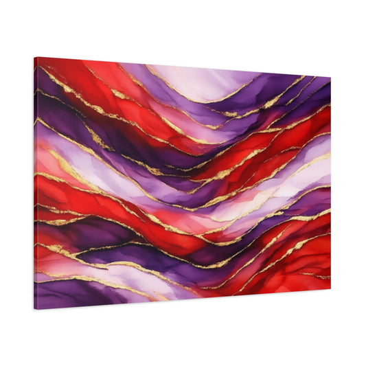 Main Mockup. Abstract Wavy Abstraction Red Purple Gold Abstract shown as stretched canvas wall art