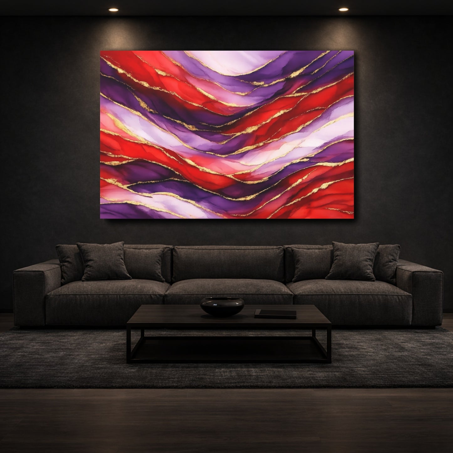 Mockup 2. Abstract Wavy Abstraction Red Purple Gold Abstract shown as stretched canvas wall art