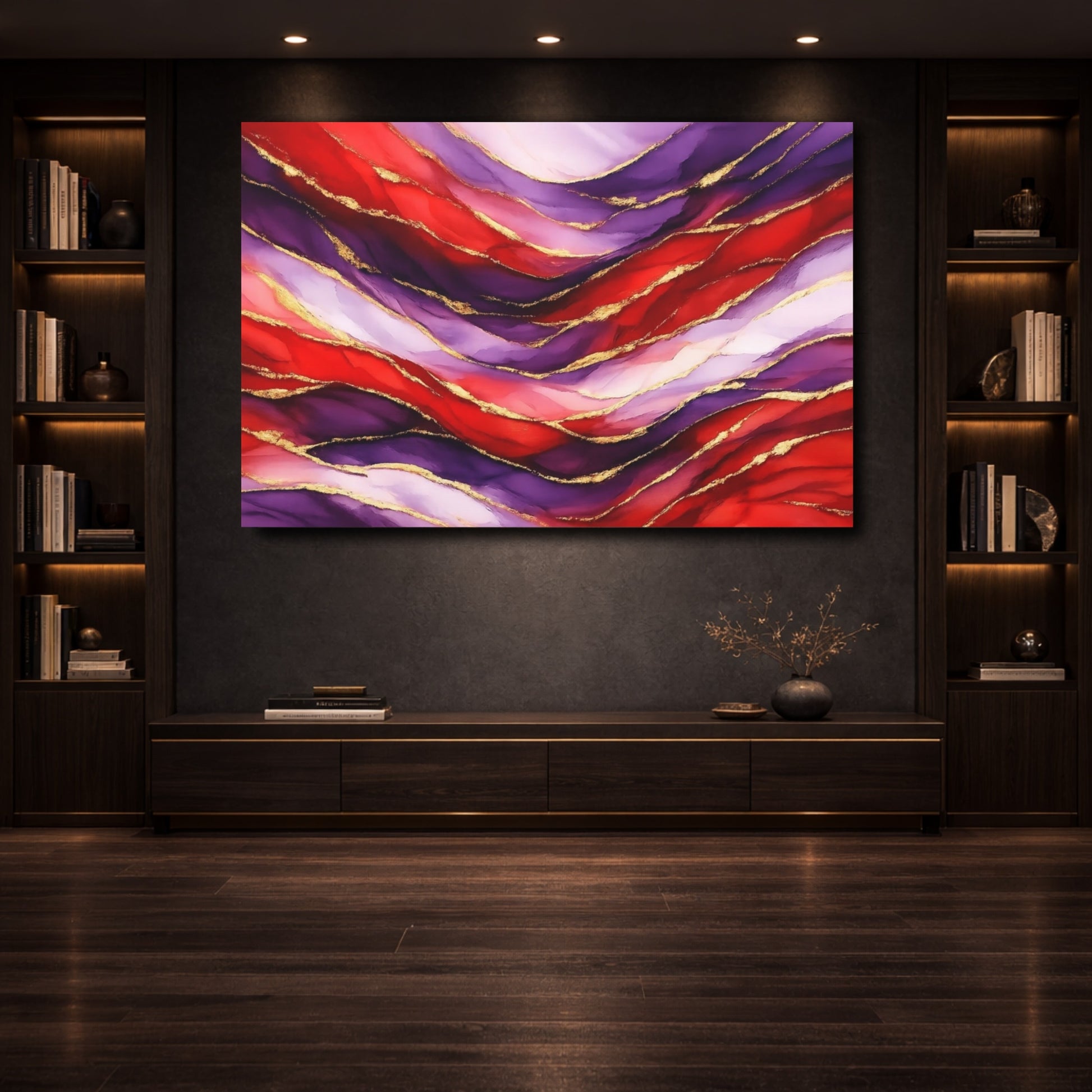 Mockup 3. Abstract Wavy Abstraction Red Purple Gold Abstract shown as stretched canvas wall art