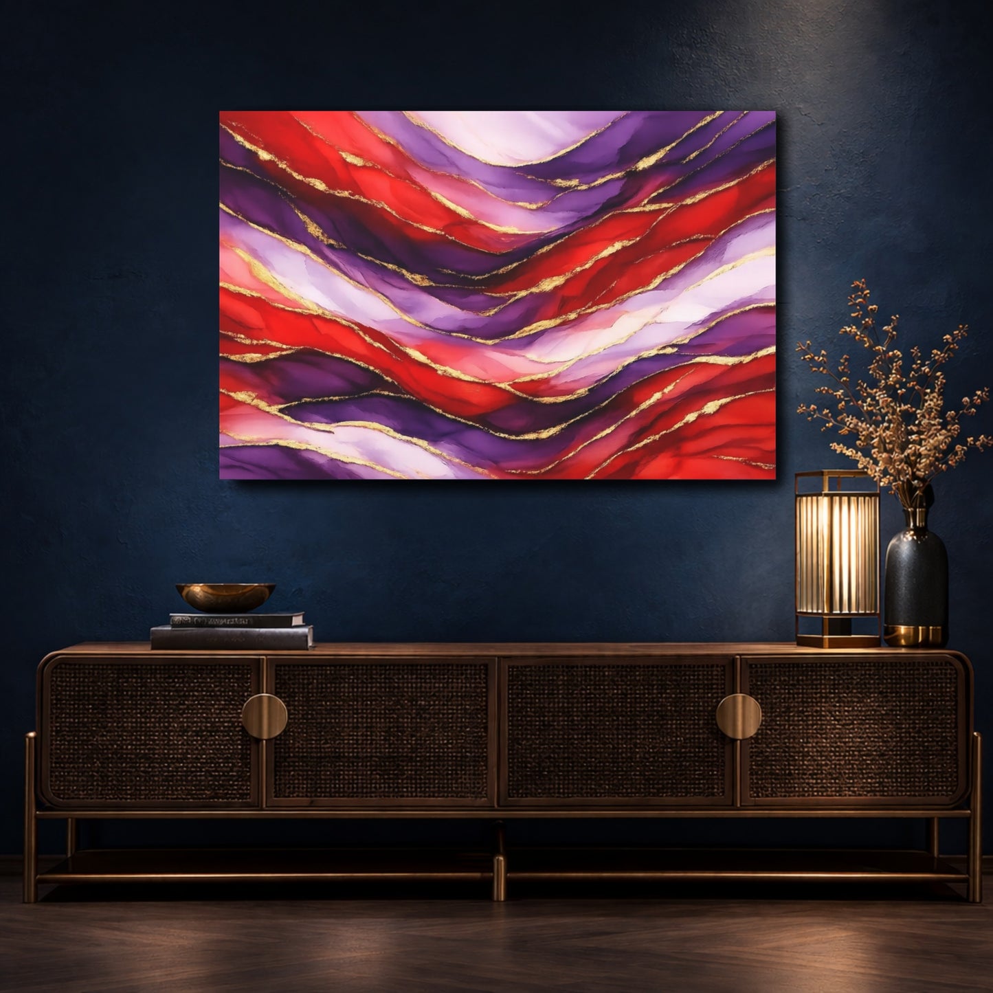 Mockup 4. Abstract Wavy Abstraction Red Purple Gold Abstract shown as stretched canvas wall art