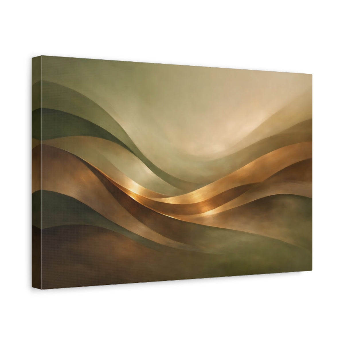 Side Mockup 4. Abstract Wavy Forms Gold And Green shown as stretched canvas wall art