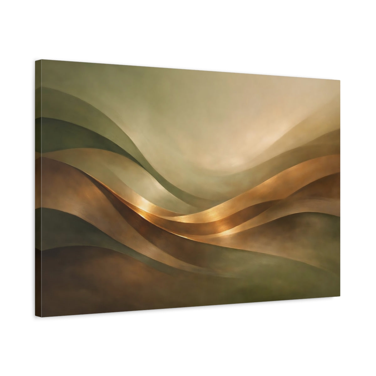 Side Mockup 2. Abstract Wavy Forms Gold And Green shown as stretched canvas wall art