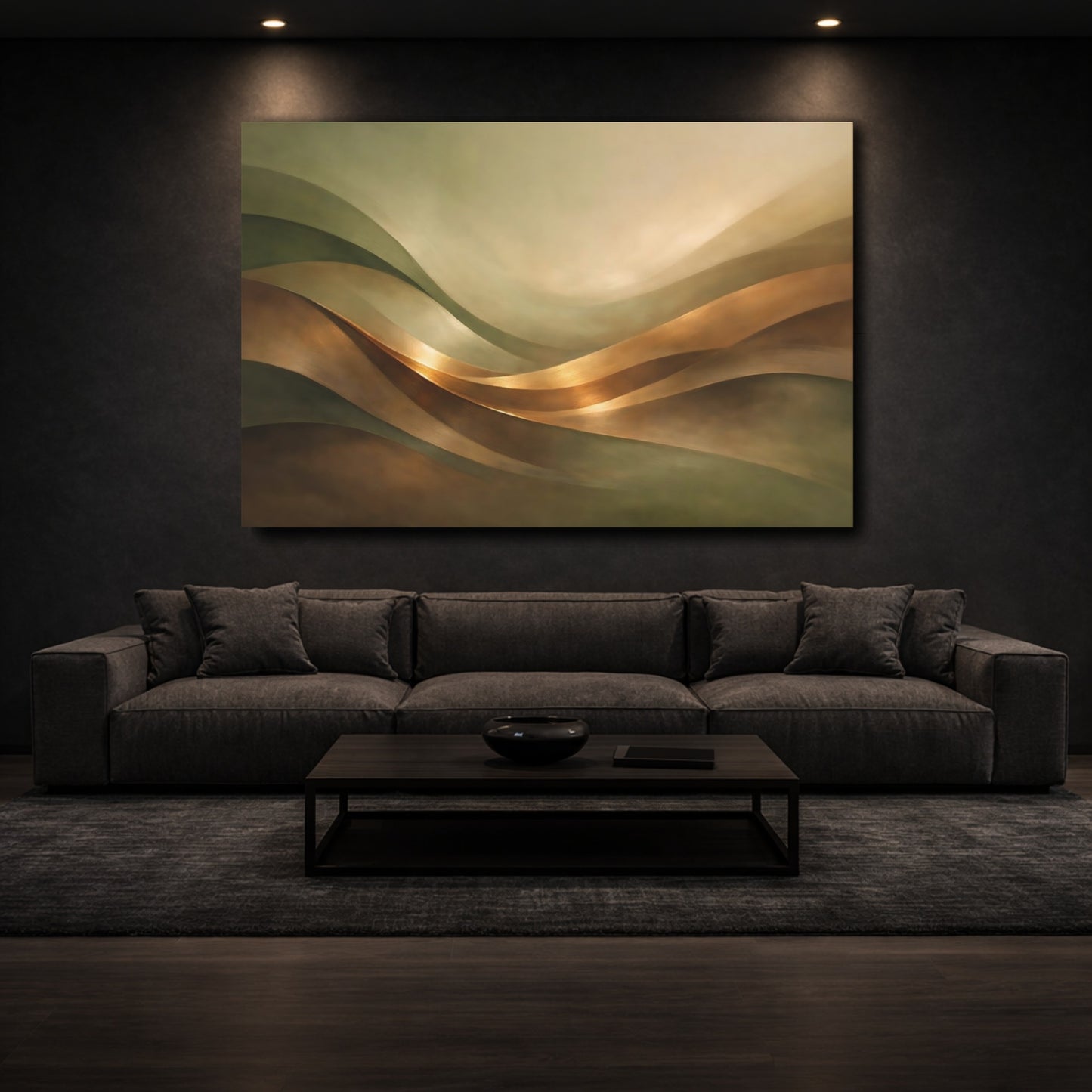 Mockup 2. Abstract Wavy Forms Gold And Green shown as stretched canvas wall art