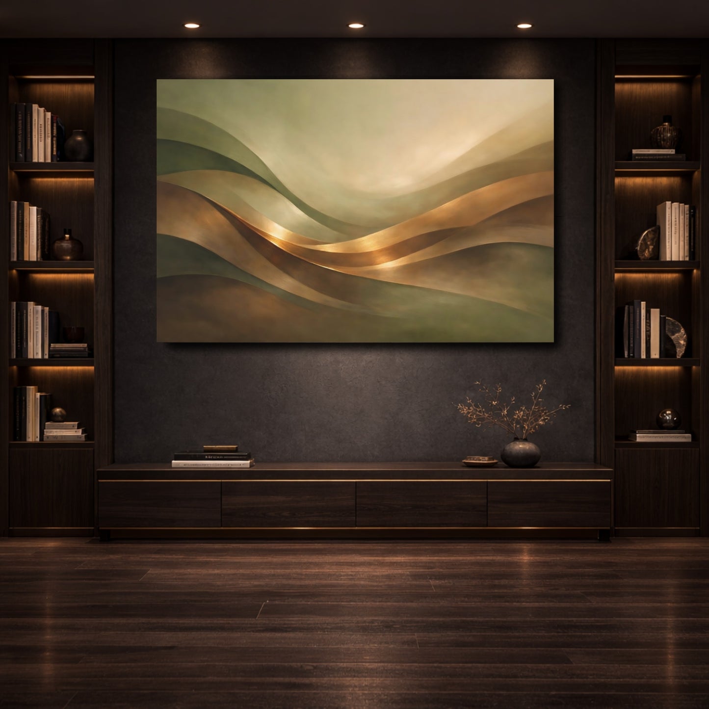 Mockup 3. Abstract Wavy Forms Gold And Green shown as stretched canvas wall art