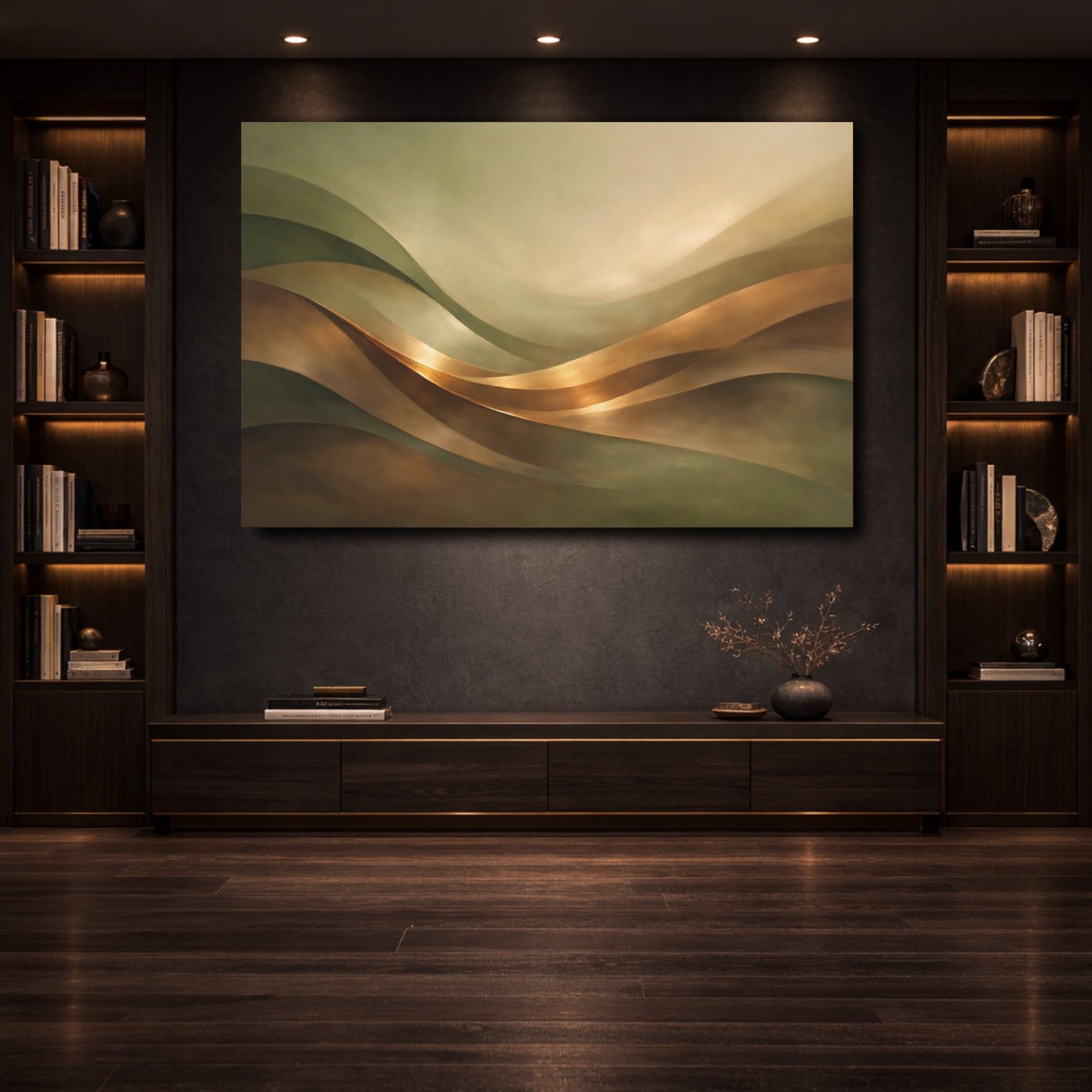 Mockup 3. Abstract Wavy Forms Gold And Green shown as stretched canvas wall art
