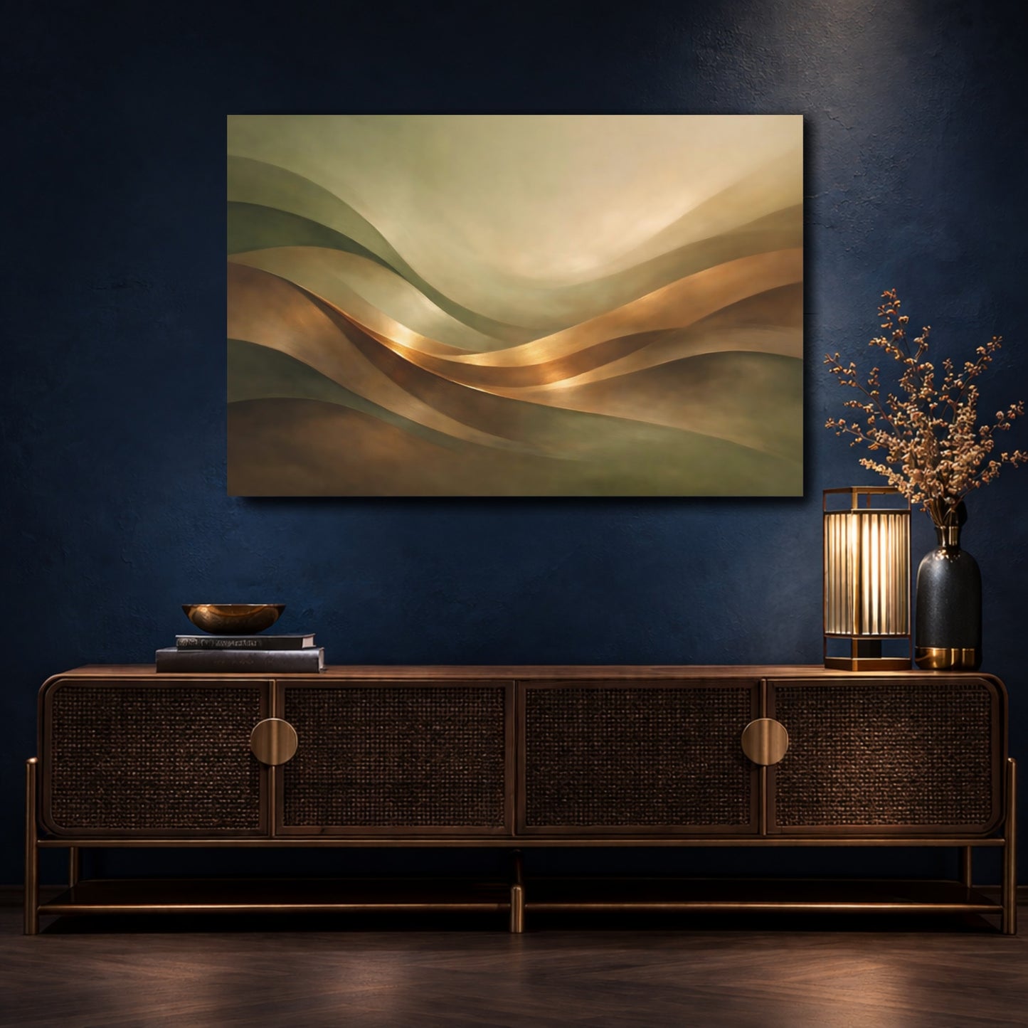 Mockup 4. Abstract Wavy Forms Gold And Green shown as stretched canvas wall art