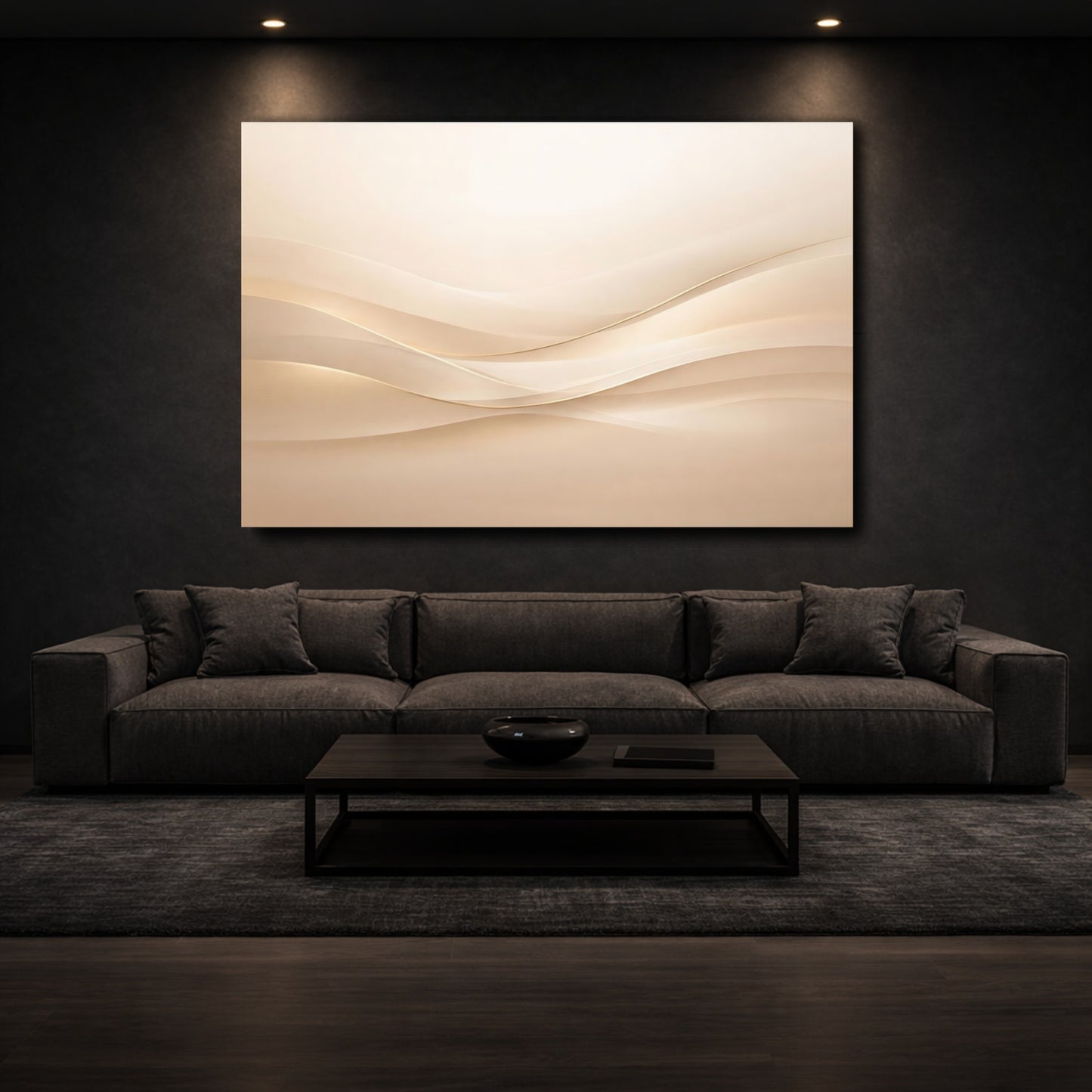 Mockup 2. Abstract Wavy Lines Beige Gold Waves shown as stretched canvas wall art