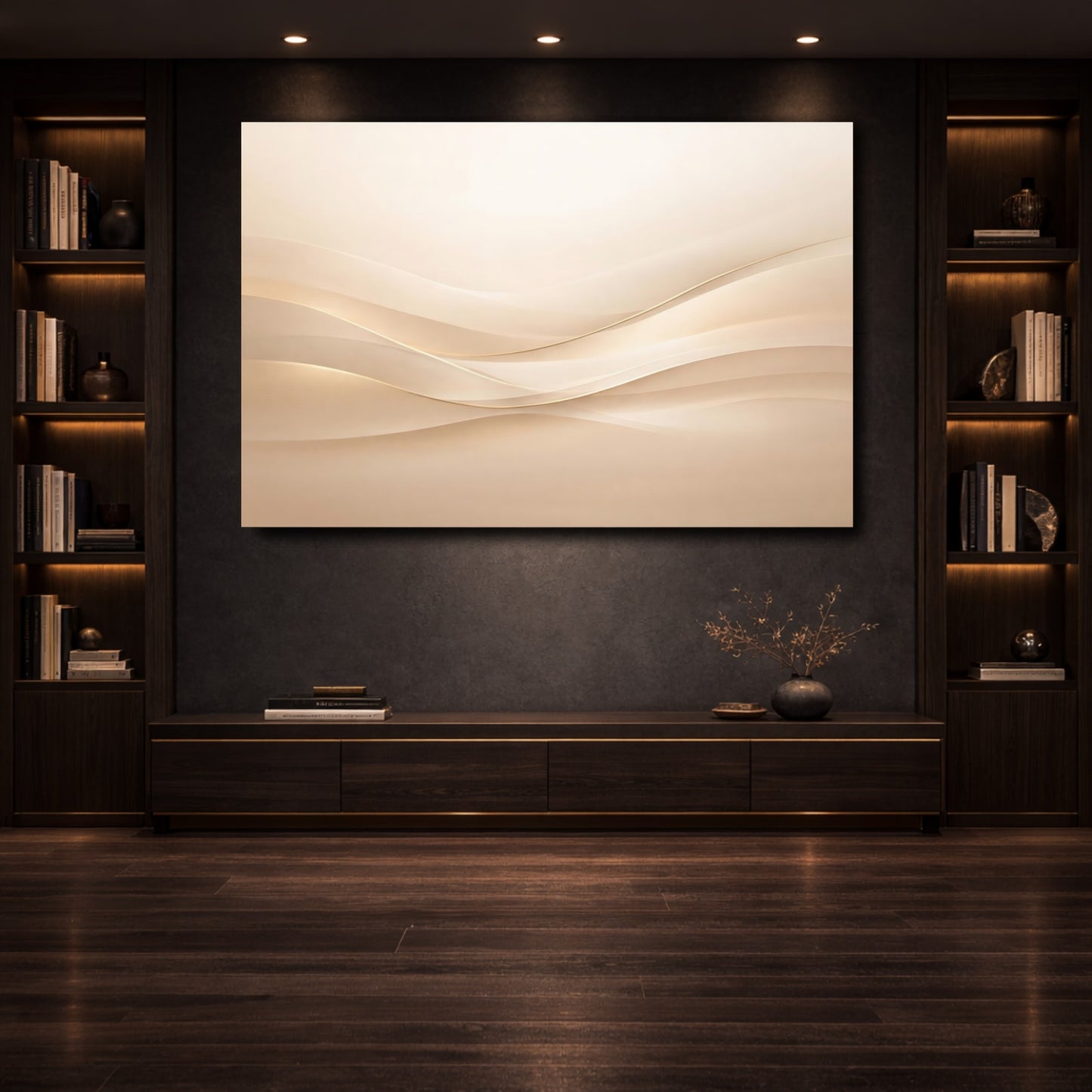 Mockup 3. Abstract Wavy Lines Beige Gold Waves shown as stretched canvas wall art