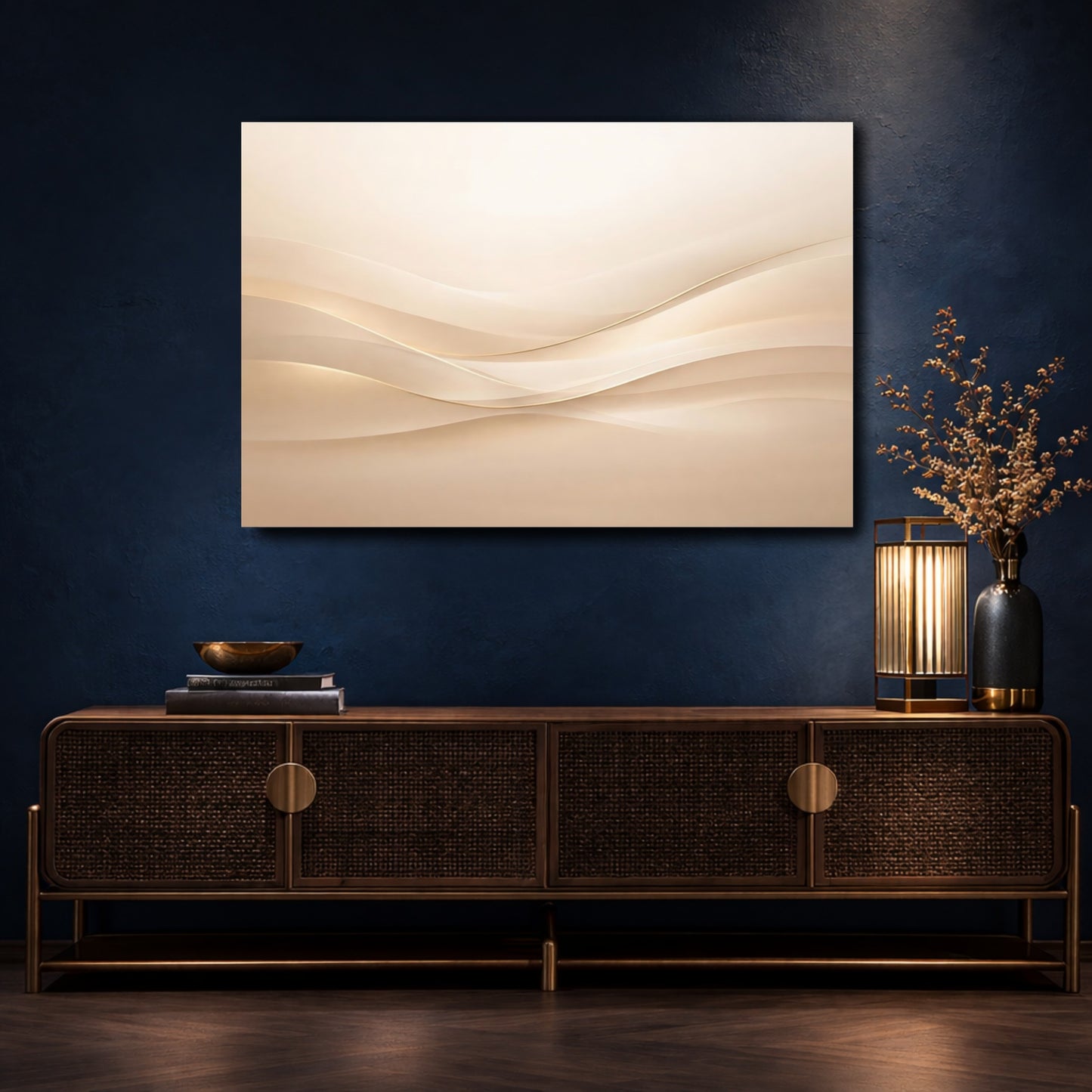 Mockup 4. Abstract Wavy Lines Beige Gold Waves shown as stretched canvas wall art