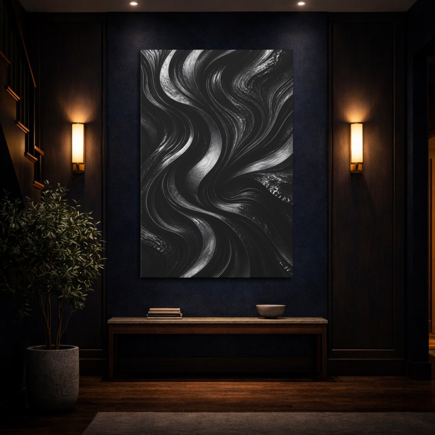 Abstract Wavy Lines Black And Grey Canvas Wall Art Print – Modern Living Room, Above Fireplace - YesArtYes