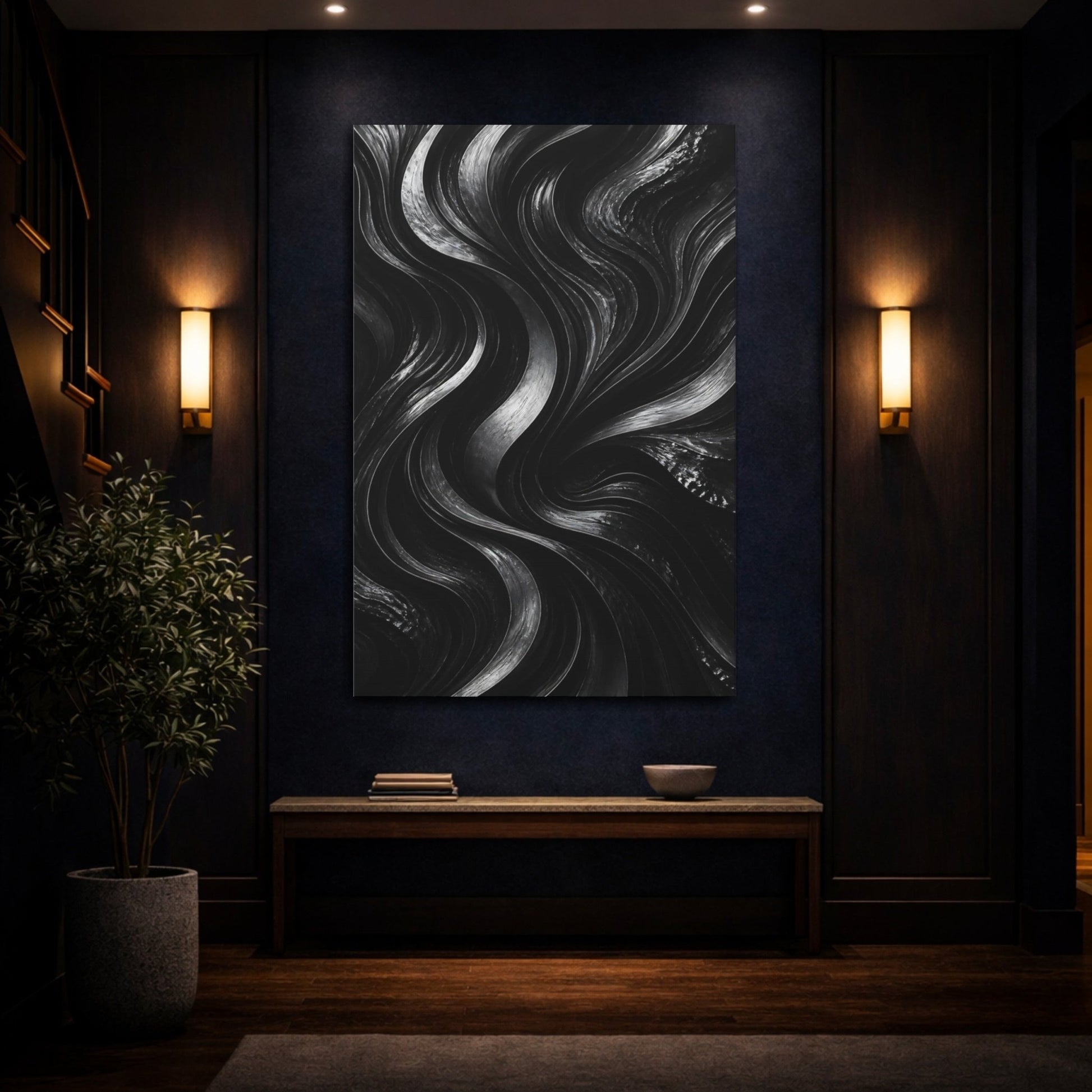 Abstract Wavy Lines Black And Grey Canvas Wall Art Print – Modern Living Room, Above Fireplace - YesArtYes