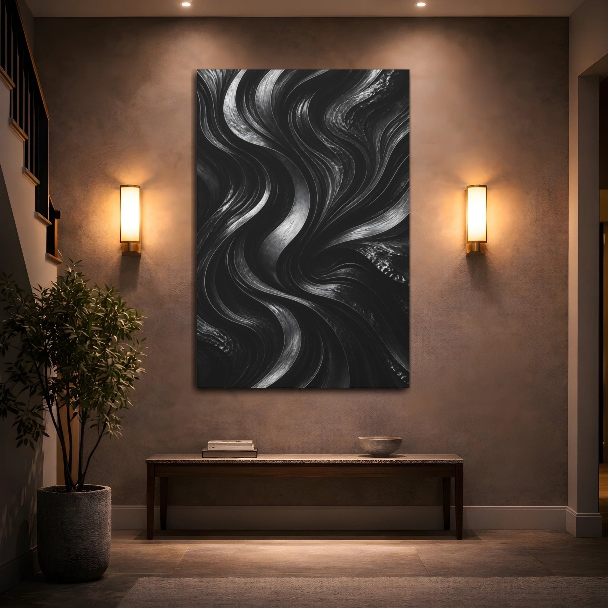 Abstract Wavy Lines Black And Grey Canvas Wall Art Print – Modern Living Room, Above Fireplace - YesArtYes