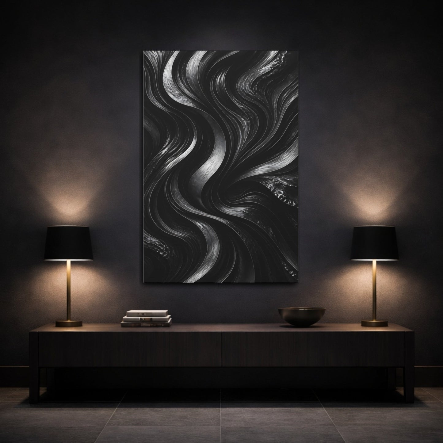 Abstract Wavy Lines Black And Grey Canvas Wall Art Print – Modern Living Room, Above Fireplace - YesArtYes