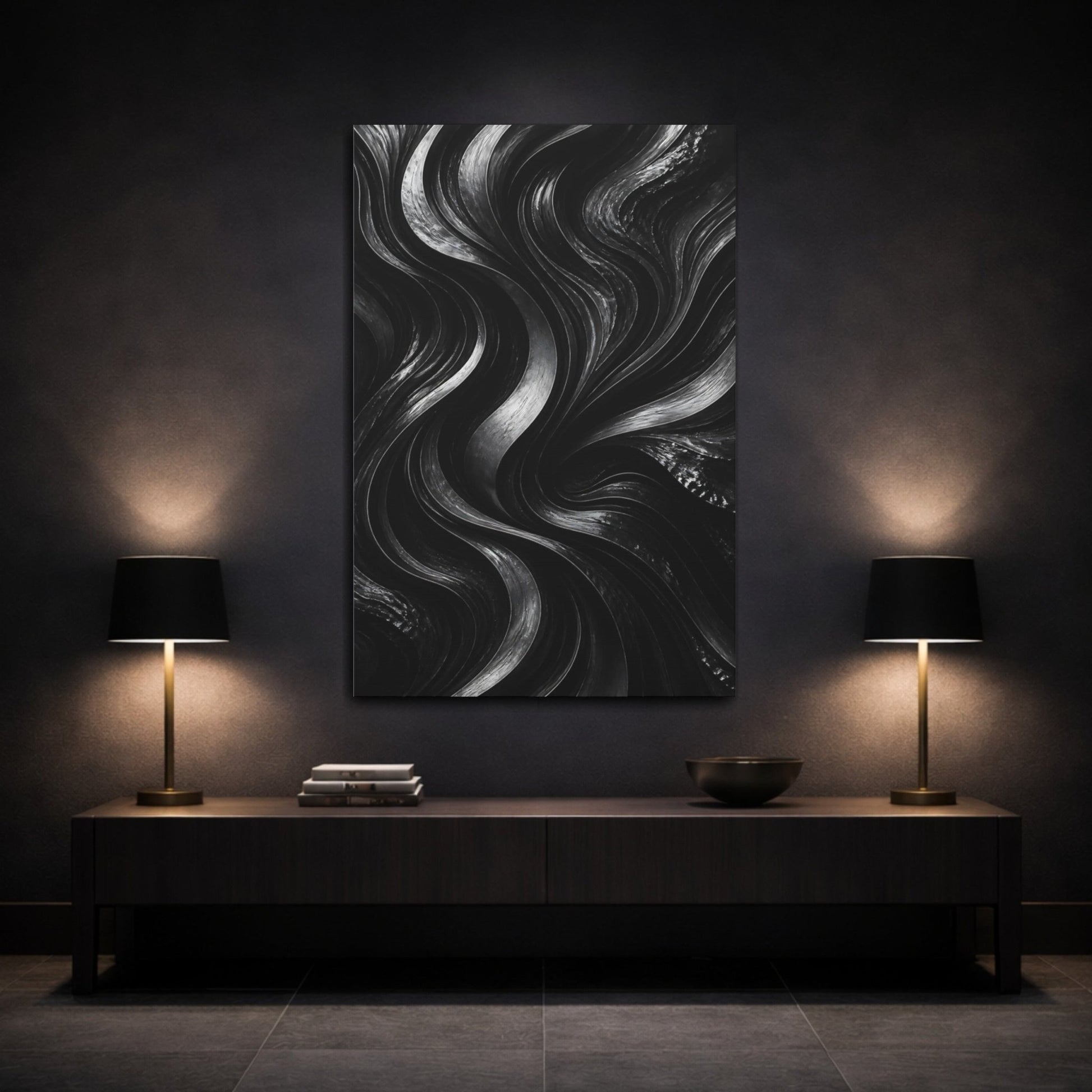 Abstract Wavy Lines Black And Grey Canvas Wall Art Print – Modern Living Room, Above Fireplace - YesArtYes