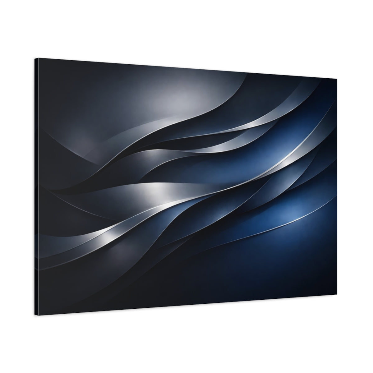 Main Mockup. Abstract Wavy Lines Blue And Silver shown as stretched canvas wall art