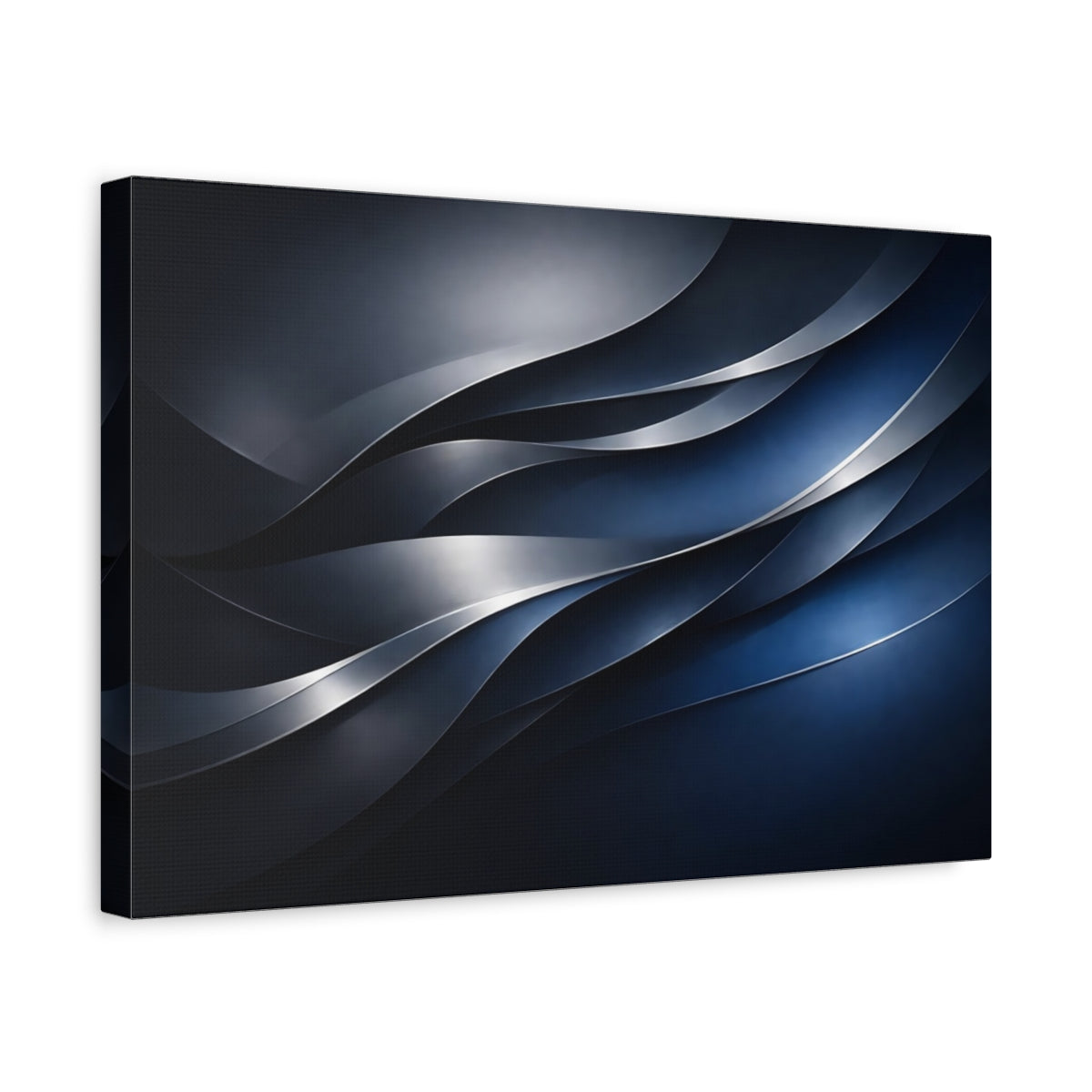 Side Mockup 4. Abstract Wavy Lines Blue And Silver shown as stretched canvas wall art